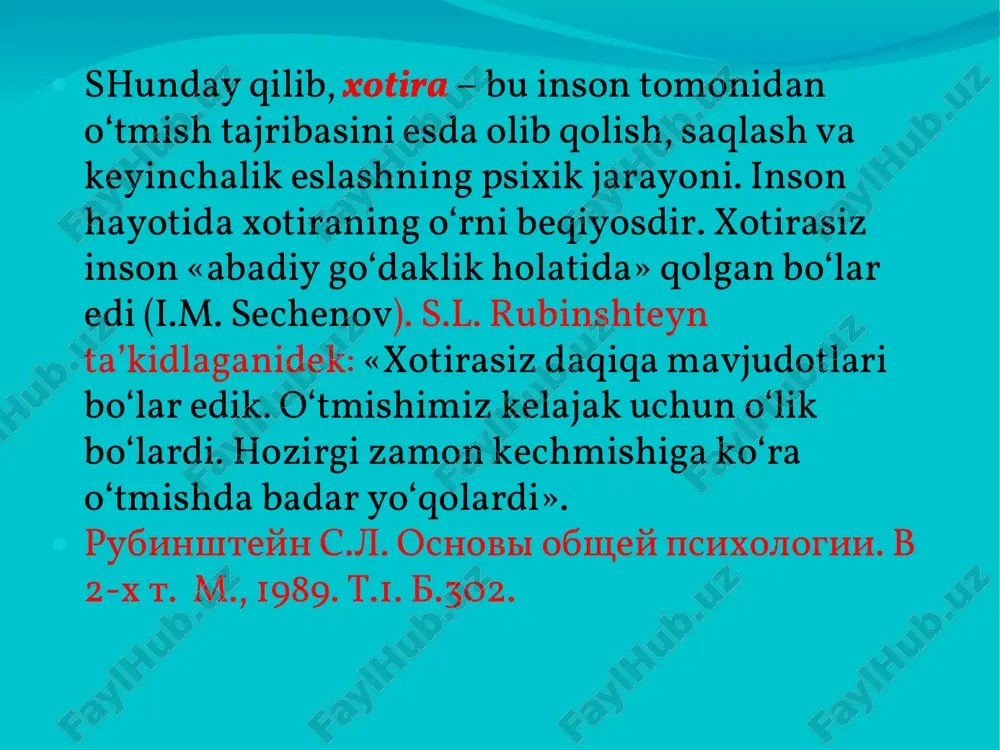 iyojlarimiz va qiziqishlarimiz qanday qondirilayotganligidan, atrofimizdagi narsa va hodisalarning hususiyatiga nisbatan munosabatimiz qay tarzda amalga oshirilayotganligidan doimo habar berib turish imkoniyatiga ega. obrazli hotira – yaqqol mazmunni, binobarin, narsa, hodisa- larning aniq obrazlarini, ularning hususiyatlari va bog`lanishlarini esda qoldirish, ongda mustahkamlash hamda zaruriyat tug’ilganida esga tushirishdan iborat hotira turiga aytiladi. so'z-mantiq hotirasi mazmunini fikr va mulohazalar, aniq hukm hamda hulosa chiqarishlar tashkil etadi. ihtiyoriy hotira deganda ma'lum maqsadni ro'yobga chiqarish uchun muayyan davrlarda aqliy harakatlarga suyangan holda amalga oshirilishidan iborat hotira jarayoni tushuniladi. ihtiyorsiz hotiraning turmushda va faoliyatda katta o'rin egallashini har kim o'z shaxsiy tajribasidan biladi. qisqa muddatli hotira qisqa muddatga esda qoldirilishini ta`minlaydigan hotira turi operativ hotira inson tomonidan bevosita amalga oshirilayotgan faol tezkor harakatlar, usullar uchun hizmat qiluvchi jarayonni anglatuvchi mnemik holatga aytiladi hotira jarayonlari quyidagilardan iborat: esda olib qolish esda saqlash esga tushirish unutish esda qoldirish idrok qilingan narsa va hodisalarni miya po'stida iz hosil qilishdir. …