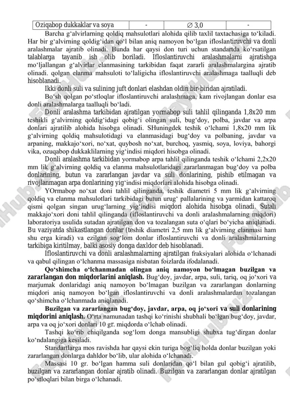 rdamida amalga oshiriladi. qo‘l yordamida elash paytida don (urug‘) solinadigan g‘alvirlar to‘plami tekis yuzali stol yoki shisha ustiga joylashtiriladi. agar to‘planma faqat aylana teshikli g‘alvirlardan iborat bo‘lsa, elash jarayoni g‘alvirlar to‘plamini silkitmasdan, aylanma harakat qildirib, agar g‘alvirlar uzunchoq teshikli bo‘lsa, teshik yo‘nalishi bo‘yicha silkitmasdan ilgarilanma-qaytarilma harakat bilan o‘tkaziladi. bunda g‘alvirning tebranish amplitudasi 10 sm atrofida bo‘lmog‘i lozim. dukkakli ekin donlari 1 daqiqa ichida 110-120 tebranish bilan 1 daqiqa, qolgan donlar esa 3 daqiqa davomida elanadi. mexanizatsiyalashtirilgan elash jarayoni standart talablari bo‘yicha amalga oshiriladi. laboratoriyada qo‘llaniladigan g‘alvirlar don turi mayda donlarni ajratish uchun ifloslantiruvchi aralashmalarga mansub bo‘lgan elanmalarni aniqlash uchun don yirikli- gini aniqlash uchun bug‘doy 1,7x20  1,0 - javdar 1,4x20  1,0 - oziq ovqat va em-xashakka mo‘ljallangan va yormabop arpa 2,2x20  1,5 - pivobop arpa 2,2x20  1,5 2,5x20 suli -  1,5 - yormabop suli 1,8x20  1,5 - tariq - 1,4x20 - marjumak -  …