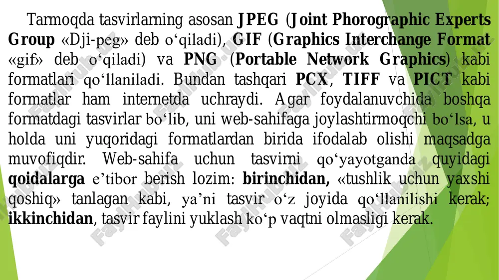 tnli maʼlumot boʻlishi zarur. bu alternative matnli maʼlumot tegiga alt parametri yordamida qoʻshiladi va matnli qiymat qabul qiladi. misol: . agar grafik tasvir brauzer tomonidan ekranga chiqarilsa u holda alternativ matn sichqoncha koʻrsatkichi tasvir ustiga olib borilganda koʻratkich yonida paydo boʻladi. grafik tasvir haqidagi toʻliq maʼlumotni beruvchi internet manba manzilini koʻrsatuvchi longdesc parametric ham sichqoncha koʻrsatkichi yonida paydo boʻluvchi matnli maʼlumotni yaratishda ishlatiladi. bu parametr qiymati sifatida tasvirning url manzili koʻrsatiladi. jimlik holati boʻyicha grafik tasvir saqlangan paytda qanday gorizontal va vertikal oʻlchamlarda saqlangan boʻlsa ekranda ham xuddi shunday tasvirlanadi. grafik tasvirni foydalanuvchi oʻzi xohlagan oʻlchamda tasvirlash imkoniyatiga ega, buning uchun height va width parametrlaridan foydalaniladi. web sahifada grafik tasvirni boshqa obyektlardan boʻsh joy bilan ajratib turuvchi hspace va vspace parametrlari ham mavjud. hspace parametri boʻsh joyni gorizantal boʻyicha piksellarda oʻrnatsa, vspace parametri esa vertikal boʻyicha oʻrnatadi. bu parametrlar qiymati faqat sonlarda beriladi. border parametri bilan tasvir atrofidagi chegara qalinligi …