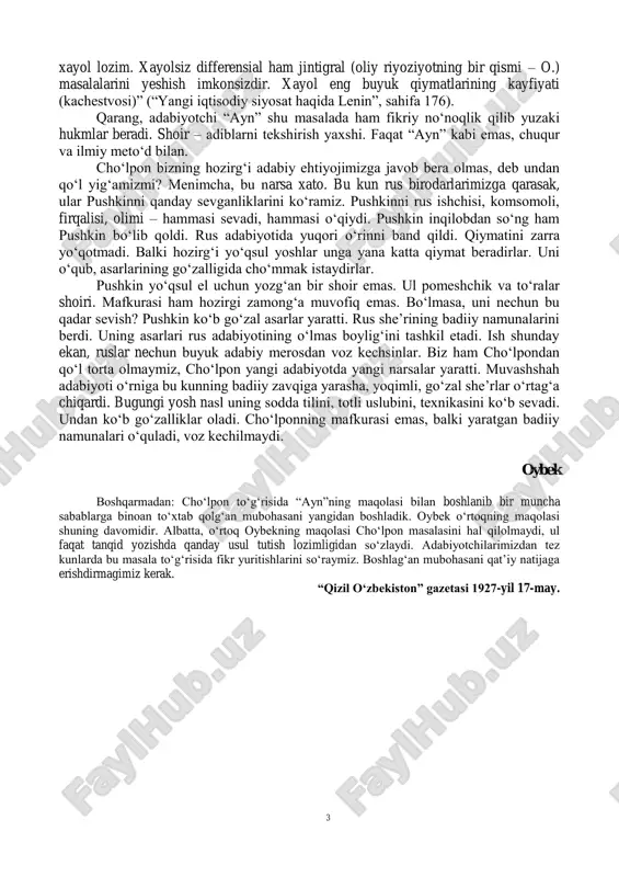 yetishmadi, shoirlarning quloqlaridan cho„zib turib “yo„qsillar shoiri bo„l” dyeyish mumkin emas. bu kun inqilobning og„ir kunlarini o„tkazdik. qalbdagi amal chechaklarining ochilishini ko„rish uchun ishchi, dehqon ommasi har qanday to„siqlarni yiqitib, erkin turmushg„a chiqdi. madaniy va iqtisodiy yuksalish davri boshlandi. firqamizning rahbarligi ostida barobarlik va erkinlik asosiga qurilg„an ideal jamiyat amallarini qurishg„a boshladik. marksizm va leninizmni qalblariga joylashtirib, kommunizm uchun kurashkuvchi minglarcha ishchi-dehqon bolasi yetishmaqda. ishchi tuyg„usini tarannum etadurg„an yo„qsul el shoirlari mafkurani kurashda, hayotda kasb etib kelayotqan yangi nasldan chiqadi. biz cho„lpondan bu narsani hozircha kuta olmaymiz. cho„lpon o„zining muhiti, tarbiyasi va intilishlari e‟tibori-la bundan uzoq. yana qaytaramiz, mehnatkash ommaning tuyg„ularini chinakam tarannum etkuvchi proletariat adabiyotining shoirlari inqilob va uning qizg„in kurashida qo„yilg„an yangi unsurlardan o„sib chiqadi. “ayn”ning maqolasida yana shunday tutanturiqsiz narsalar bor. “cho„lpon xayolparastdir. chunki millatchilar, ziyolilar va shu mafkurani qabul qilg„anlar uchun xayoldan shirin, xayoldan lazzatli narsa yo„q, shunga o„xshash cho„lpon ham ming qabat ko„klarda yuradi”, deydir. …