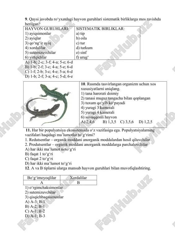 umurtqasiz hayvonlarni aniqlang. 1- zog‘ora baliq 2-kapcha ilon 3-butli o‘rgimchak 4-yomg‘ir chuvalchangi a) 3,4 b) 1,3 c) 1,2 d) 1,4