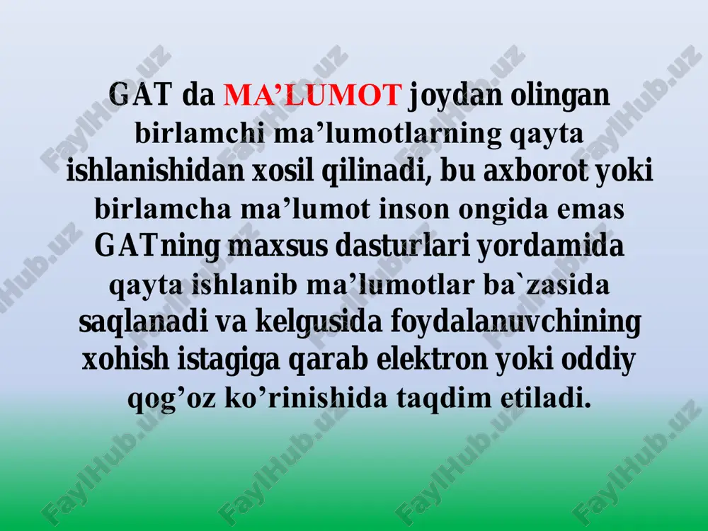 mida yoki ma’lumotlar bazasi tizimida tasvirlanishini aks ettiradi.  gat da fazoviy tahlil jarayoni ma’lumotlarning fazoviy bog’liqligini aniqlash va uni tuzishdan iboratdir. gat dasturlaridan biri sanalgan arcmap dasturida bunday jarayon qo’shimcha spatial analyst degan dastur yordamida amalga oshiriladi.  fazoviy tahlil jarayoni o’z navbatida oddiy va murakkab turlarga bo’linadi. oddiy turda ma’lumotlarning fazoviy bog’liqligi ma’lumotlarni oddiy usulda ko’rish yoki ma’lumotlar bazasidan talab qilib olish bilan chegaralansa, murakkab usulda qo’shimcha dasturlar ishlab chiqildi. grid. bunda nuqtalar o’zaro bir biriga teng masofada joylashtirilib, bu nuqtalardagi koordinatalar orqali balandliklar beriladi va maxsus fazoviy tahlil (spatial analyst) dasturi orqali o’sha nuqtalarning balandliklari aniqlanib keyin joyning relyefi hosil qilinadi. bu usulda berilgan har bir katakchalardagi balandliklar ma’lum bir balandlikka referentslanadi ya’ni bog’lanadi. masalan dengiz sathiga nisbatan. bu nuqtalar keyinchalik to’rlar yordamida o’zaro birlashtiriladi. bu usul orqali hosil qilingan modelda har bir katakcha yuza qiymatini beradi. bu usul rastr yondoshuviga asoslangan bo’lib modellarni hosil qilishda eng …