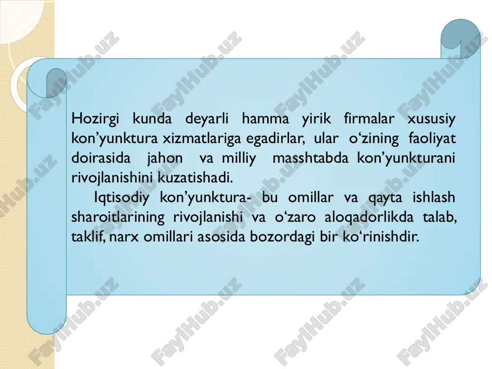 utun qismi va bo‘g‘inlarining belgilari o‘zaro ta’sirchanligi va o‘zaro aloqadorligi shakllarining fe’l - atvorini, umumxo‘jalik va tovar kon’yunkturasini rivojlanishni aniqlaydi. bozorni va avvalo butun bozorni kon’yunkturasini kompleks izlanishlar ishbilarmonlar doirasining fikriga ko‘ra, ishbilarmonlarga ularning xo‘jalik qarorlarini qabul qilishda xatoga yo‘l kuymasligi uchun tavakkalchilikni pasaytirishda qurol hisoblanadi. iqtisodiy kon’yunkturani izlash, faqatgina ayirboshlash sohasini rivojlanishi va uning qayta ishlab chiqarish jarayonining boshqa bosqichlari bilan o‘zaro aloqadorligining umumiy qonunchiligini o‘rganish bilan chegaralanib qolmaydi. u, u yoki bu tovar bozorda vujudga keladigan asoslangan tahlil va bashorat qilishni amalga oshirishga qaratilgan. umumxo‘jalik kon’yunkturani strukturaviy birlik deb, shunga qaramasdan tovar bozorlarining va ko‘plab o‘zaro munosabatlar kon’yunkturasini yig‘indisi deb qarash mumkin. tovar kon’yunkturasi umumxo‘jalik kon’yunkturasini tashkil etadi, umumxo‘jalik kon’yunkturasi esa tovar bozorlari kon’yunkturasini keltirib chiqarida. shunday qilib, uning butun qismi va bo‘g‘inlarining belgilari o‘zaro ta’sirchanligi va o‘zaro aloqadorligi shakllarining fe’l - atvorini, umumxo‘jalik va tovar kon’yunkturasini rivojlanishni aniqlaydi. bozorni va avvalo butun bozorni kon’yunkturasini kompleks izlanishlar ishbilarmonlar …