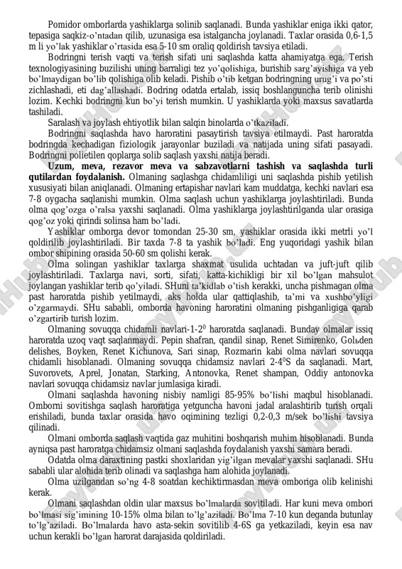hi natijasida qop ichida yuqori darajada namlik sharoiti (90-95%) hosil bo’ladi va kerakli miqdorda karbonat angidrid (3-5%) to’planadi. polietilen qoplarda saqlanganda mahsulotning chirishi, vaznining kamayishi, shakar va vitaminlarning yo’qotilishi ancha kamayadi. ildizmevalar dalada handaq va maxsus omborlarda, harorat 0-2s gacha, havoning nisbiy namligi 85-95% bo’lgan sharoitda saqlanadi. sholg’omni saqlash uchun eni 50-60 sm va chuqurligi 70-80 sm, lavlagi va turplar uchun esa sig’imi kattaroq, eni hamda chuqurligi 70-80 sm keladigan handaq qaziladi. bunda har 3,5 m oralatib yerdan to’siq qoldiriladi. ildizmevalar handaqlarda aprelgacha saqlanadi, bahorda esa ularni sabzavot omborlariga olinadi. ildizmevalarni handaqlarda yashiklarga joylanib ham saqlanadi. faqat bunda handaq kattaroq qilinadi eni 3-3,5 m, balandligi 1,5 m ga yetkaziladi. maxsus omborlarda ildizmevalar ancha yaxshi saqlanadi. bunday omborlarda ular yashiklarga va konteynerlarga solinib hamda 1,5 m qalinlikda uyulib ham saqlanadi. sabzavot omborlarida karam maxsus tagliklarda va panjarali so’kchaklarda saqlanadi. so’kchaklarga karam boshlari 5-7 qator qilib joylanadi. karam taxlarining 2-3 m bo’lib, …