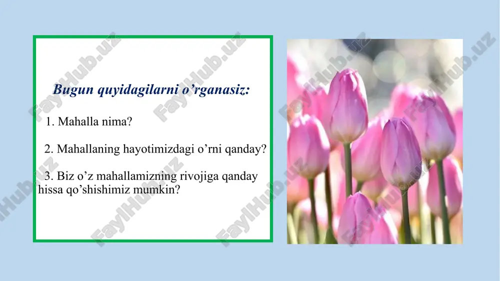 urt ravnaq topadi. bir bolaga yeti mahalla ota-ona deganlaridek, mahallada farzandlar tarbiyasiga alohida e’tibor qaratiladi. bu, albatta, yoshlarning kelajagi haqida qayg’urishlaridan darak beradi. kattalarning pand-nasihatlari, ibratli rivoyat-u hikoyalari turmushimizda katta ahamiyatga ega. shuning uchun ularning har bir so’zlariga amal qilishimiz va yoshi ulug’larni e’zozlashimiz lozim. ana shundagina o’zimiz ham qadr topamiz. darslikning 45-46-sahifalaridagi “qishloqda” deb nomlangan hikoyani o’qing va savollarga javob bering. sinfdoshlaringiz bilan fikr almashing. mahalla madaniyat va ma’rifat maskaniga aylanmog’i lozim. shavkat mirziyoyev mustaqil tayyorlash uchun topshiriq. savollar javoblar mahallangizning nomi kimning yoki nimaning sharafiga qo’yilgan? mahallangizda nechta oila yashaydi? mahallangizda nechta bolalar bog’chasi va maktab mavjud? mahallangizdagi asosiy ko’chalarning nomi.. mahallangizdagi tarixiy joylar.. mahallangiz raisining ism va familiyasi.. uyga vazifa: “mahallam – faxrim” mavzusida so’rovnoma o’tkazing va shu asosida kichik matn tayyorlang. e’tiboringiz uchun rahmat !!! audio1.wav image1.jpeg audio10.wav image2.jpeg image3.jpeg image4.jpeg image5.jpeg image6.jpeg image7.jpeg image8.png image9.jpeg image10.jpeg image11.png image12.jpeg image13.jpeg image14.jpeg image15.jpeg image16.jpeg image17.jpeg image18.jpeg image19.jpeg …