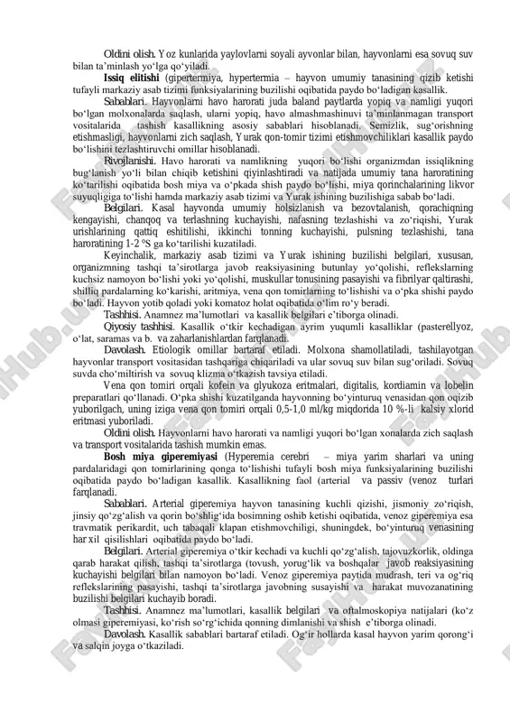 ari funksiyalarining susayishi uning ta’sirida bo‘lgan po‘stloq osti (vegetativ markazlarining uning boshqaruvidan chiqib ketishiga hamda ushbu markazlarda qo‘zg‘aluvchanlikning oshishiga sabab bo‘ladi. oqibatda qon tomirlar spazmi, oshqozon va ichaklar sekretsiyasi hamda motorikasining buzilishi, shuningdek, sezgi, harakat a’zolari hamda ichki sekretsiya bezlari funksiyalarining buzilishlari ro‘y beradi. fermalardagi an’anaviy shart-sharoitlarning o‘zgarishi va yuqori mahsuldor hayvonlar guruhini yaratish maqsadida o‘tkaziladigan genetik tanlashlar ko‘p hollarda markaziy asab tizimi funksional holatining pasayishi va asab tizimi kasalliklarining kelib chiqishiga sabab bo‘ladi. markaziy asab tizimining faqat funksional o‘zgarishlar bilan o‘tadigan kasalliklariga stress sindromlari, nevrozlar, tutqanoq bilan o‘tadigan turli patologik holatlar (epilepsiya, eklampsiya, katalepsiya va b. kiradi. oftob urishi (giperinsolyasiya, gelioz, heliosis – quyosh nurlarining (asosan infraqizil hayvonning bosh sohasiga to‘g‘ridan-to‘g‘ri ta’siri tufayli bosh miya yarim sharlarining kuchli qizib ketishi oqibatida paydo bo‘ladigan kasallik. sabablari. hayvonlarni uzoq muddat davomida tik tushuvchi quyosh nurlari tagida, ayniqsa, yozning jazirama issiq kunlarida, saqlash, yaylovlarda soyali ayvonlarning etishmasligi oftob urishiga sabab bo‘ladi. uzoq …