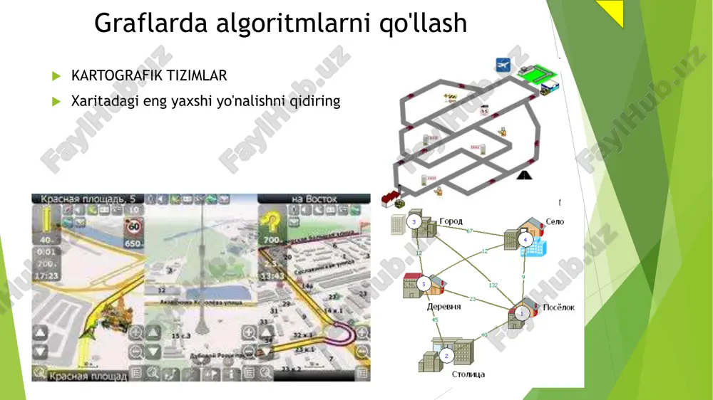 tlar yoki qiymatlarga ega. masalan, transport tarmog'ini vaznli graf ko’rinishida modellashtirish mumkin. bu yerda qirralar shaharlar orasidagi yo'llar yoki temir yo'llarni, og'irliklar esa ular orasidagi masofa yoki vaqtni ifodalaydi. to'liq graf(complete graph) - bu har bir aniq tugunlari juftligi qolgan tugun bilan bog'langan graf. boshqacha qilib aytganda, to'liq graf har bir tugun grafdagi boshqa har bir tugun (uch) bilan bog'langan grafdir. toʻliq yoʻnaltirilmagan grafdagi qirralar soni: grafning to'yinganligi d (density): n ta uchi va m qirrali g grafning toʻyinganlik zichligi d quyidagicha aniqlanadi: to'liq graf d = 1 to'yinganligiga ega qirralari kam bo'lgan siyrak graf past to'yinganlik zichligiga ega, ko'p qirralari bo'lgan zich graf esa yuqori to'yinganlik zichligiga ega.to'yinganlik zichligi graflarning xossalari va xatti-harakatlarini tahlil qilishda foydali o'lchovdir, chunki u grafning umumiy zichligini bitta raqamda ushlaydi. to’yingan graf (dense graph) - bu qirralarning soni maksimal bo’lishi mumkin bo'lgan graf hisoblanadi. to’yingan graflar turli muammolarni hal qilish uchun ishlatilishi mumkin, jumladan: …