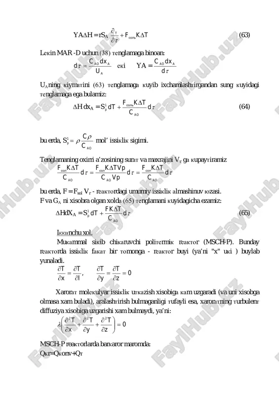reaktorlar uzunligi birligidagi reaktor yuzasi. va0 = sa0 v — reagentning sarfi. msch-p reaktor uchun tenglamaning oxirgi kurinishi kuyidagicha buladi: ao 1 1 pxa v tkfdchd ∆ +=∆ τ (68) uchunchu xol uzluksiz xarakatlanuvchi mukammal aralashtiruvchi politermik reaktor (mar+u-p). bu reaktor uchun ulchamlarning (parametrlarning) jaraen vakti buyicha xam, reaktorning xajmi buyicha xam chegarasi (gradienti) yuk. shuninr uchun tenglama reaktorning cheksiz kichik xajmi uchun emas, balki butun reaktor uchun tuziladi: qkr = qkonv +qt (69) bu tenglamaga kiymat kattaliklarini kuyib: qkr =ya 0aao aaoaao hvxc v/vp hvpxchvpxc hvp ∆= ∆ = ∆ =∆ τ qkonv=r sr vo (t-to) qt fk ∆t va soddalashtirib kuyidagilarni olamiz: 0ao 0 ao a vc tfk)tt( c pcpyx ∆ +−=∆ eki ao 0 1 va v tfk)tt(chx ∆ +−=∆ (70) tayanch suzlar: izotermik marom, politermik marom, adiabatik marom, issiqlik balansi, konvektik issiklik. nazorat savollari: 1. politermik maromda ishlovchi reaktor modelini tushuntirib bering. 2. reaktorning barkarorligi kanday …