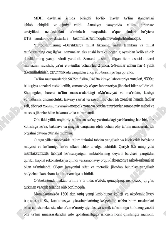 a‟lim jarayonini yangicha talablar asosida tashkilqilish, takomillashtirish bo‟yicha olib borilgan jiddiy izlanishlar natijasida avvallari faqat aholining umumiy savodxonligini ta‟minlash bilan cheklangan ta‟lim mazmuni tubdan yangilandi. mdh davlatlari ichida birinchi bo‟lib davlat ta‟lim standartlari ishlab chiqildi va joriy etildi. amaliyot jarayonida ta‟lim turlariaro uzviylikni, uzluksizlikni ta‟minlash maqsadida o‟quv fanlari bo‟yicha dts hamda o‟quv dasturlari takomillashtirilmoqda,muvofiqlashtirilmoqda. yurtboshimizning «darsliklarda millat fikrining, millat tafakkuri va millat mafkurasining eng ilg‟or namunalari aks etishi kerak» degan g oyasidan kelib chiqib darsliklarning yangi avlodi yaratildi. samarali tashkil etilgan tizim asosida ularni muntazam ravishda, ya‟ni 2-3-sinflar uchun har 2 yilda, 5-9-sinlar uchun har 4 yilda takomillashtirish, zarur nusxada yangitdan chop etib borish yo‟lga qo‟yildi. ta‟lim muassasalarida 9875ta fizika, 9487ta kimyo laboratoriya xonalari, 9390ta biologiya xonalari tashkil etilib, zamonaviy o‟quv-laboratoriya jihozlari bilan to‟ldirildi. shuningdek, barcha ta‟lim muassasalaridagi «ma‟naviyat va ma‟rifat», kasbga yo‟naltirish, chizmachilik, tasviriy san‟at va rassomlik, chet tili xonalari hamda faollar zali, tibbiyot xonasi, ma‟muriy-metodik xona va barcha …