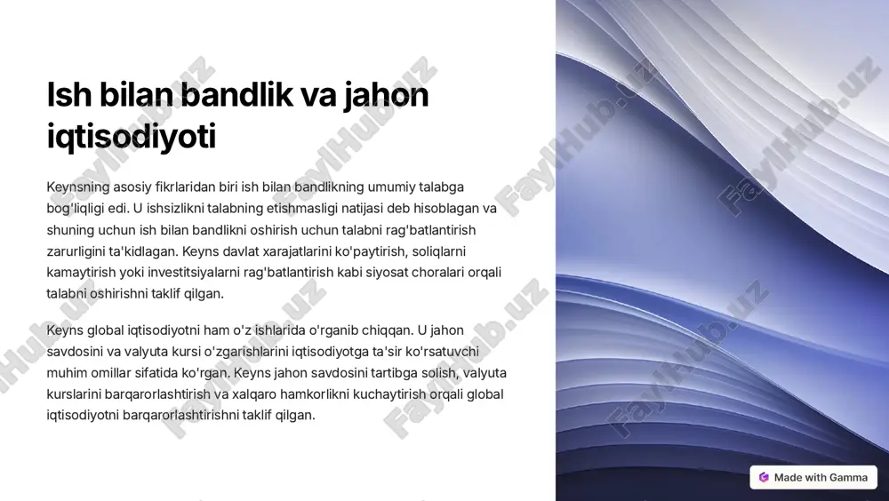 nidan investitsiyalarni kamaytirishga olib kelishi mumkin, chunki ish haqi xarajatlari ortadi. soliqlar: soliqlarning ko'payishi talabni kamaytiradi, chunki iste'molchilar qo'lidagi pul miqdori kamayadi. soliqlarning kamayishi talabni oshiradi, chunki iste'molchilar qo'lidagi pul miqdori ortadi. davlat xarajatlari: davlat xarajatlarining ko'payishi talabni oshiradi, chunki davlat ko'proq tovar va xizmatlarni sotib oladi. davlat xarajatlarining kamayishi talabni kamaytiradi. investitsiyalar: investitsiyalarning oshishi talabni oshiradi, chunki korxonalar ko'proq uskunalar, binolar va boshqa aktivlar sotib oladilar. investitsiyalarning kamayishi talabni kamaytiradi. jahon savdosi: jahon savdosining oshishi talabni oshiradi, chunki mamlakatlar ko'proq tovar va xizmatlarni eksport qiladilar va ko'proq import qiladilar. jahon savdosining kamayishi talabni kamaytiradi. https://gamma.app/?utm_source=made-with-gamma iqtisodiy siyosatning ahamiyati keyns iqtisodiyotni barqarorlashtirish va ish bilan bandlikni oshirishda davlatning muhim rol o'ynashiga ishonar edi. u davlat xarajatlarini, soliq siyosatini va pul-kredit siyosatini iqtisodiyotni sozlash va barqarorlashtirish vositalari sifatida ko'rgan. keyns davlat xarajatlarini ko'paytirishni iqtisodiyotni retsessiyadan chiqarishning samarali usuli deb hisoblagan. davlat xarajatlarining oshishi talabni oshiradi, bu esa ish bilan bandlikni ko'paytirishga …
