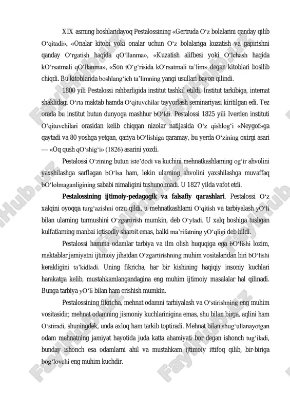 k e‘tiborini tortishga intilib, adabiy faoliyat bilan shug‗ullandi. u «lingard va gertruda» (1781—1787) degan ijtimoiy-pedagogik roman yozib, bu romanda xo‗jalikni oqilona usulda olib borish va bolalarni to‗g‗ri tarbiyalash vositasi bilan dehqonlarning turmushini yaxshilash to‗g‗risidagi o‗z g‗oyalarini olg‗a surdi. xix asrning boshlaridayoq pestalossining «gertruda o‗z bolalarini qanday qilib o‗qitadi», «onalar kitobi yoki onalar uchun o‗z bolalariga kuzatish va gapirishni qanday o‗rgatish haqida qo‗llanma», «kuzatish alifbesi yoki o‗lchash haqida ko‗rsatmali qo‗llanma», «son to‗g‗risida ko‗rsatmali ta‘lim» degan kitoblari bosilib chiqdi. bu kitoblarida boshlang‗ich ta‘limning yangi usullari bayon qilindi. 1800 yili pestalossi rahbarligida institut tashkil etildi. institut tarkibiga, internat shaklidagi o‗rta maktab hamda o‗qituvchilar tayyorlash seminariyasi kiritilgan edi. tez orada bu institut butun dunyoga mashhur bo‗ldi. pestalossi 1825 yili iverden instituti o‗qituvchilari orasidan kelib chiqqan nizolar natijasida o‗z qishlog‗i «neygof»ga qaytadi va 80 yoshga yetgan, qariya bo‗lishiga qaramay, bu yerda o‗zining oxirgi asari — «oq qush qo‗shig‗i» (1826) asarini yozdi. pestalossi o‗zining butun iste‘dodi …