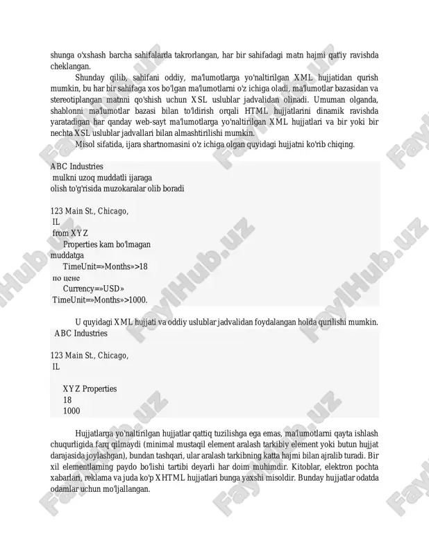 motni ma'lumotlar bazasidan xml hujjatlariga o'tkazish uchun mo'ljallangan ma'lumotlar bazasi yoki obyektga yo'naltirilgan va o'rta dastur. boshqa tomondan, hujjatlarni saqlashga bo'lgan ehtiyoj sizni hujjatlarni saqlashga qaratilgan axborotni boshqarish tizimini tanlashga majbur qiladi. relatsion yoki obyektga yo'naltirilgan ma'lumotlar bazasida hujjatlarni mustaqil ravishda saqlash imkoni mavjud bo'lsa-da, bu oddiygina axborotni boshqarish vositalarini yaratgan boshqalar tomonidan bajarilgan ishlarning takrorlanishi bo'ladi. shunga o'xshab, bunday tizimlar obyektga yo'naltirilgan yoki iyerarxik ma'lumotlar bazasi ustiga joylashtirilishi mumkin bo'lsa ham, ularni shunchaki ma'lumotlar bazasidan foydalanish oson ish emas. ma'lumot yoki hujjatlarni saqlashni xml hujjatlariga oddiygina qarab aniqlashingiz mumkin. buning sababi, xml hujjatlari ikki toifaga bo'linadi: ma'lumotlarga va hujjatga yo'naltirilgan. ma'lumotga yo'naltirilgan hujjatlar ma'lumotga yo'naltirilgan hujjatlar aniq buyurtma qilingan tuzilish bilan tavsiflanadi, ularni chuqur o'rganish (eng kichik mustaqil ma'lumotlar elementi atributlar darajasida joylashishi mumkin), qo'shimcha ravishda aralash tarkib yo'q yoki u minimal miqdorda mavjud. bir xil elementlarning paydo bo'lishi tartibi ko'pincha ahamiyatsizdir. bu holda yaxshi misol savdo hujjatlari, parvoz …
