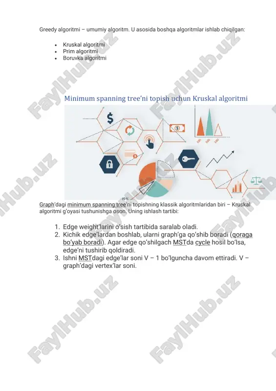 vertex edges.set('weight', weight) // w - v vertex'ga bog'langan boshqa vertex graph[v] = edges agar biz 1 vertex’ga 4 vertex’ni 10 weight’li edge qilib bog’lasak, u holda adjacency list quyidagicha ko’rinishda bo’ladi: graph[ null, map { 'v': 0, 'w': 7, 'weight': 0.16 } ] // graph[0] = empty edge weight’larni o’sish tartibida qanday tartiblaymiz? https://algs4.cs.princeton.edu/43mst/ https://walker.uz/2020/10/06/dictionary-yoki-symbol-table/ https://walker.uz/2020/11/05/graphni-kodda-ifodalash/ https://walker.uz/2020/10/06/dictionary-yoki-symbol-table/ javascript’da array.sort() funksiyaning implementatsiyasida mozilla mergesort‘ni ishlatadi, chrome v8 da esa quicksort‘ni (kichik array’lar uchun insertion sortni. ikki algoritmning ham time complexity‘si bir xil bo’lgani uchun, biz tartiblashni optimallashtirish haqida o’ylab o’tirmay, array.sort() dan foydalanamiz. cycle‘ni qanday aniqlaymiz? aylanalarni topish uchun depth first searchdan foydalansa bo’ladi. aslida bizga cycle’ni topish ham shartmas, edge’ning ikki vertexi – v dan w ga path borligini tekshirish kifoya qiladi. sababi agar path bo’lsa, yangi qo’shiladigan edge cycle’ga olib keladi. path borligini tekshirish uchun depth first search‘dan foydalanish mumkin. alternativ variant – union-findni ishlatsa ham bo’ladi. kod …