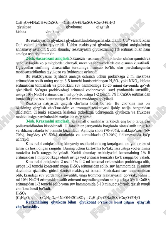 fining disaxaridlar turkumiga mansub bo’lib, ular parchalanganda monosaxaridlardan glyukoza va fruktozaga aylanadi. bu reaktsiyasini tajribada amalga oshirish uchun probirkaga 2 ml saxaroza eritmasidan solib uning ustiga 3-5 tomchi kontsentrlangan h2so4 yoki nno3 kislota eritmasidan tomiziladi va probirkani suv hammomiga 15-20 minut davomida qo’yib qizdiriladi. so’ngra probirkadagi eritmani vodoprovod suvi yordamida sovutilib, ustiga 10% naoh eritmasidan 1 ml qo’yib, ustiga 1-2 tomchi 5% li cuso4 eritmasidan tomizilib yana suv hammomiga 5-6 minut muddatga qo’yiladi. reaktsiya natijasida qizgish cho’kma hosil bo’ladi. bu cho’kma mis bir oksidning qizg’ish cho’kmasidir va trommer reaktsiyasi ijobiy natija berganidan dalolatdir. chunki saxaroza kislotali gidrolizga uchraganda glyukoza va fruktoza molekulasiga parchalanishi natijasida ro’y beradi. 3-ish. kraxmalni aniqlash. kraxmall o’simliklar tarkibida eng ko’p tarqalgan polisaxaridlardan hisoblanadi. u fotosintez jarayonida barglarda sintezlanib urug’lar va ildizmevalarda to’planishi kuzatiladi. ayniqsa sholi (70-80%), makkajo’xori (60- 70%), bug’doy (50-60%) donlarida va kartoshkada (10-20%) ildizmevasida ko’p uchraydi. kraxmalni aniqlashning kimyoviy usullaridan keng tarqalgani, uni yod …