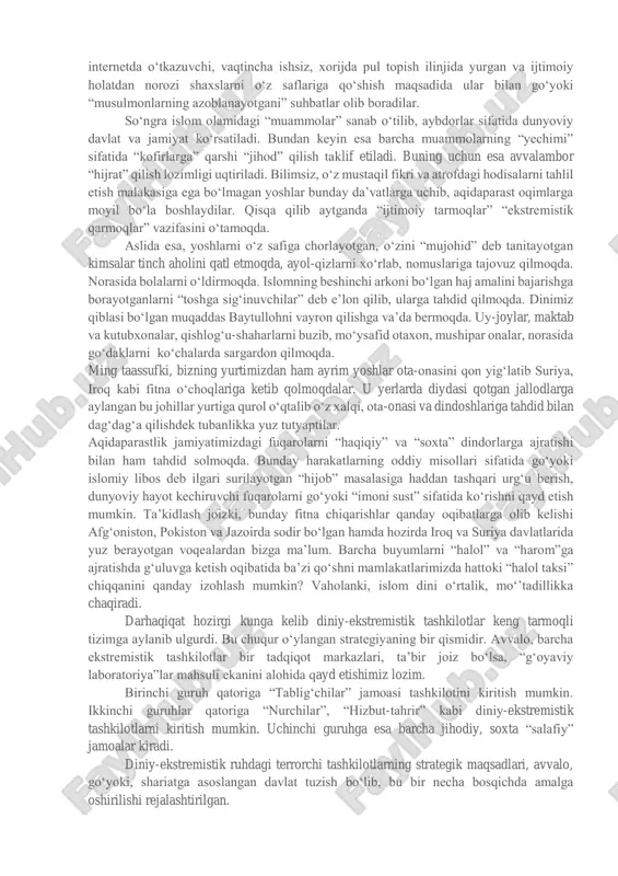 ning cherkov va monastirlari, maktab va kutubxonalar vayron qilindi. ma’lumotlarga ko‘ra, bugun dunyoda 500 ga yaqin terrorchilik tashkiloti faoliyat ko‘rsatmoqda. ularning 80 foizi islom niqobi ostida faoliyat yuritadi. ular qatoriga “ishid (iroq va shom islom davlati)”, “jabha an-nusra”, “ansaru ash-sham” (suriya), “al- qoida”, “al-jihod al-islomiy”, “at-takfir va-l-hijra” (misr), “abu sayyaf” (filippin), “ozod achex”, “lashkari jihod” (indoneziya), “qurolli islomiy harakat” (jazoir), “boko haram” (nigeriya), “islom jihodi uyushmasi”, “o‘zbekiston islomiy harakati” tolbion (afg‘oniston, pokiston) kabi tashkilotlarni kiritish mumkin. siyosiy hokimiyatga intilayotgan, diniy shiorlarni niqob qilib olgan aqidaparast oqimlar markaziy osiyo mamlakatlari, xususan, o‘zbekistondagi ijtimoiy-siyosiy vaziyatga salbiy ta’sir o‘tkazishga harakat qilmoqda. so‘nggi yillarda “jihodchilar”, soxta “salafiylar” kabi diniy-siyosiy guruhlar, shuningdek, “xizbut tahrir” diniy-ekstremistik guruhi respublikamizda faol harakat qilishga urinmoqdalar. so‘nggi yillarda mutaassib oqimlar yoshlar ichidagi faoliyatini xorijiy mamlakatlardagi mehnat migrantlarini ta’sir doirasiga olish, “internet” orqali targ‘ibot o‘tkazish, oila a’zolari, yaqinlari va qo‘shnilarini o‘z guruhiga tortish, yashirin “hujralar” tashkil etish, diniy-ekstremistik mazmundagi materiallarni bosma, …