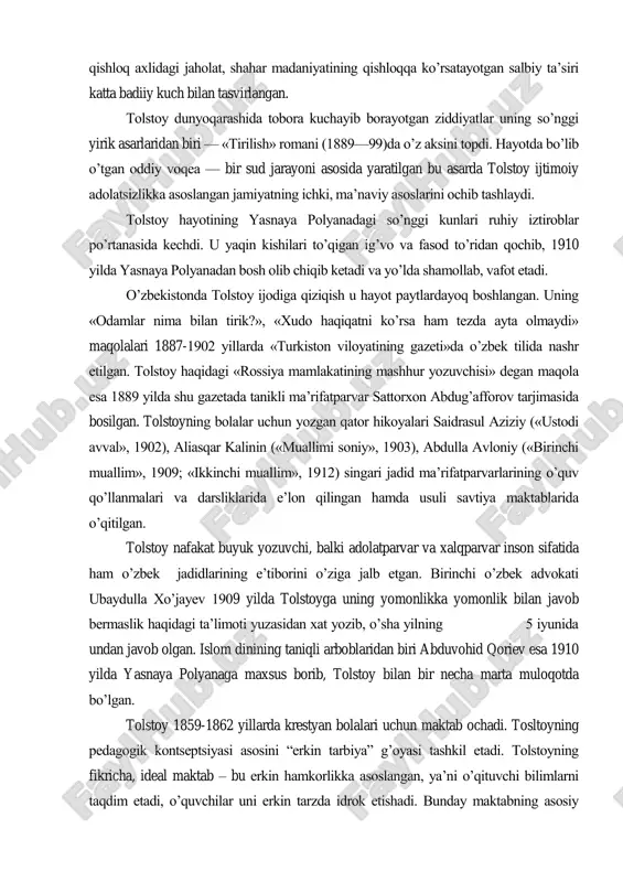 yot yo‘li bilan bog‘liq jamiyat qatlamining ma‘naviy asoslari yolg‘onga asoslangan, degan xulosaga keldi. uning bunday qarashlari «iqrornoma» (1880) va «e‘tiqodim nimada?» (1884) asarlarida o‘z ifodasini topdi. t.ning shu davrda yozgan asarlari orasida «ivan ilichning ulimi» (1886), «kreytser sonatasi» (1889) qissalari, ayniqea, e‘tiborga loyiq. tolstoy 80-yillarda dramaturgiya janrlarida ham ijod qilib, «zulmat hokimiyati» (1886) dramasi va «ma‘rifat mevalari» (1890) komediyasini yozadi. bu asarlarda qishloq axlidagi jaholat, shahar madaniyatining qishloqqa ko‘rsatayotgan salbiy ta‘siri katta badiiy kuch bilan tasvirlangan. tolstoy dunyoqarashida tobora kuchayib borayotgan ziddiyatlar uning so‘nggi yirik asarlaridan biri — «tirilish» romani (1889—99)da o‘z aksini topdi. hayotda bo‘lib o‘tgan oddiy voqea — bir sud jarayoni asosida yaratilgan bu asarda tolstoy ijtimoiy adolatsizlikka asoslangan jamiyatning ichki, ma‘naviy asoslarini ochib tashlaydi. tolstoy hayotining yasnaya polyanadagi so‘nggi kunlari ruhiy iztiroblar po‘rtanasida kechdi. u yaqin kishilari to‘qigan ig‘vo va fasod to‘ridan qochib, 1910 yilda yasnaya polyanadan bosh olib chiqib ketadi va yo‘lda shamollab, vafot etadi. o‘zbekistonda …