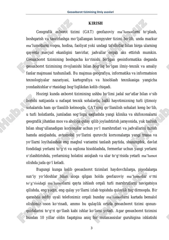 zimlari, uyali telefonlardagi dasturlarning ishlab chiqilishi oddiy fuqaroning ham ushbu sohani bilishiga asos yaratdi. geoaxborot tizimi kartografiya va masofadan zondlash, fotogrammetriya va topografiya bilan chambarchas bogʻliq hamda matematik, kartografik, masofadan zondlashda qoʻllaniladigan usullar bilan bir qatorda yer qatlami geologiyasi, tuproqshunoslik, oʻrmonchilik, geografiya, iqtisodiyot, biologiya kabi fanlarni oʻzaro birlashtiradi. ushbu oʻquv qoʻllanma mualliflari kitobni yozishda yordam bergan yevropa ittifoqidagi hamkor institutlar, jumladan vengriyaning gʻarbiy vengriya universiteti, angliyaning grinvich universiteti, avstriyaning zalsburg universiteti, shvetsiyaning qirollik texnologiya institutidagi geodeziya, kartografiya, geoaxborot tizimi sohalaridagi professor-oʻqituvchilarga oʻz minnatdorchiliklarini bildiradilar. geoaxborot tizimining ilmiy asoslari 5 1-bob. geoaxborot tizimining ilmiy asoslari 1.1. geoaxborot tizimining ta’rifi tasavvur qiling, siz 1960-yillarda, hali kompyuter texnologiyalari rivojlanmagan davrda yashayapsiz. siz ishlayotgan vazirlikka davlat tomonidan mavjud tabiiy resurslar toʻgʻrisida umumiy ma’lumot toʻplash va shu asosda tabiiy resurslarning bugungi va kelajakdagi zaxiralarini aniqlash vazifasi yuklatilgan boʻlsin. albatta, bunday ulkan miqyosdagi ishni bajarish uchun, avvalambor, ishonchli ma’lumotlar, tajribali mutaxassislar, har xil texnologiyalar va ularni …