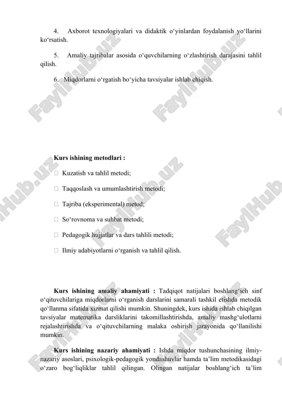 adi va o‘qitish jarayonining ilmiy asoslangan modelini yaratishga xizmat qiladi. i bob: miqdor tushunchasining nazariy asoslari va boshlang‘ich ta’limdagi o‘rni. 1.1.miqdor tushunchasining mohiyati va didaktik ahamiyati. miqdor tushunchasi matematika fanining eng muhim kategoriyalaridan biri bo‘lib, u inson tafakkurining rivojlanishida, ayniqsa boshlang‘ich ta’lim bosqichida, o‘quvchilarning matematik bilimlarini shakllantirishda asosiy o‘rin tutadi. miqdor — bu predmetlarning o‘zaro taqqoslanadigan xususiyatlarini ifodalovchi, o‘lchanadigan yoki sanaladigan sifatdir. masalan, uzunlik, massa, vaqt, hajm, yuz, son kabi miqdorlar inson atrofidagi voqelikni o‘lchash va tavsiflashda keng qo‘llaniladi. pedagogik nuqtai nazardan qaralganda, miqdor tushunchasi o‘quvchilarda mantiqiy fikrlashni, analiz va sintez qilish ko‘nikmalarini rivojlantiradi, real hayotdagi narsalar orasidagi bog‘liqlikni anglashga yordam beradi. boshlang‘ich sinf o‘quvchilari uchun miqdor tushunchasi konkret predmetlar orqali shakllanadi. masalan, “uzunroq–qisqaroq”, “og‘ir–yengil”, “ko‘p–kam” kabi taqqoslashlar orqali bolalar predmetlarning miqdoriy belgilarini farqlay boshlaydilar. didaktik jihatdan miqdor tushunchasini o‘rgatishning asosiy maqsadi — o‘quvchilarning predmetlar orasidagi miqdoriy munosabatlarni anglash hamda ularni matematik tilda ifodalash ko‘nikmasini shakllantirishdir. bu jarayon o‘quvchilarda matematik …