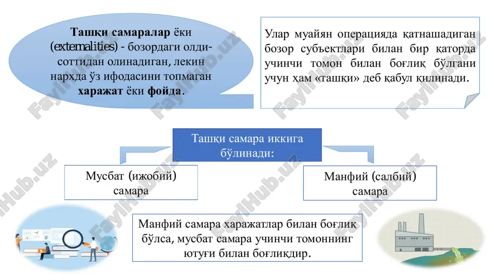 lmiy izlanuvchilarni ilmiy izlanishga talabini msb = msc tenglikni ta'minlaydigan darajagacha oshirgan bo'lar edi. ammo, tariblashtiruvchi soliq va subsidiya tashqi samara bilan bog'liq muammoni to'liq echishga yordam bera olmaydi. tashqi samara muammosini echishning yangi yo'li r.kouz tomonidan taklif etilgan. tashqi ta'sirlarni yumshatish bo'yicha kouz teoremasi kouzning fikricha, ushbu muammo tomonlar uchun umumiy muammo bo'lib, uning echilishi ikkala tomonning birgalikda mas'uliyatli harakat qilish bilan bog'liq. bu erda e'tibor ikki tomondan qaysi biri ko'proq, qaysi biri kamroq yo'qotishiga berilmasdan, ikkala tomondan mumkin bo'lgan jiddiy yo'qotishni oldini olishga berilishi lozimligi ko'rsatilgan. kouzning ijtimoiy xarajatlar bilan bog'liq ishlarini umumlashtirib uni dj.stigler degan olim “kouz teoremasi” deb atadi. kouz teoremasiga ko'ra, agar barcha tomonlarning mulkiy huquqlari yaxshi aniqlangan bo'lsa, transaktsion xarajatlar nolga teng bo'lsa, pirovard natija (ishlab chiqarish qiymatini maksimallashtiruvchi) mulkchilik huquqini taqsimlashdagi o'zgarishlarga bog'liq emas (agar daromad samarasi e'tiborga olinmaganda). teoremadagi asosiy mazmun stigler fikriga ko'ra quyidagicha “mukammalashgan raqobat bozorda xususiy va ijtimoiy xarajatlar …