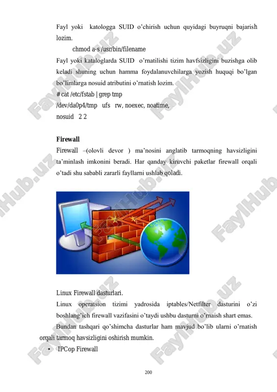 ashlash / o'zgartirishingiz mumkin. paket-filtr qoidalari uchun odatdagi hisoblagichlarni ro'yxatlash / nollash. fayllarni zahira va tiklashni qo'llab-quvvatlaydi. https://www.comodo.com/ 202 ipcop firewall ipcop ochiq kodli linux devori dvigatelidir, ipcop jamoasi doimo foydalanuvchilarga barqaror, xavfsizroq, foydalanuvchilar bilan do'st va yuqori darajadagi sozlash mumkin bo'lgan xavfsizlik devori boshqaruv tizimini ta'minlash uchun ishlaydi. ipcop xavfsizlik devorini boshqarish uchun yaxshi mo'ljallangan veb-interfeysni taqdim etadi. kichik biznes va mahalliy kompyuterlar uchun juda foydali va yaxshi. qadimgi kompyuterni internet orqali xavfsiz muhitni ta'minlash uchun xavfsiz vpn sifatida sozlashingiz mumkin. bundan tashqari, foydalanuvchilarga yaxshi veb-brauzer tajribasini taqdim etish uchun tez-tez ishlatiladigan ba'zi ma'lumotlarni saqlaydi. ipcop firewall ning xususiyatlari uning rang kodli veb-interfeysi cpu, xotira va disk uchun grafik va shuningdek, tarmoqning ish faoliyatini nazorat qilish imkonini beradi. jurnallarni ko'rish va avtomatik aylantirish. ko'p tilni qo'llab-quvvatlash. juda xavfsiz barqaror va osongina amalga oshiriladigan yangilanishlarni ta'minlaydi va amalar ustiga qo'shiladi. nazorat savollari: 1. tizim xavfsizligi (firewall) nima vazifa bajaradi? 2. …