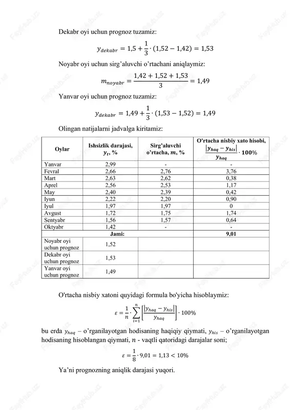 . 4 va 5-ustunlarni hisoblab olamiz. 𝑦ℎ𝑖𝑠 qiymat 𝑦𝑡+1 = 𝑎 + 𝑏 ∙ 𝑡 formula bo'yicha aniqlanadi, bu erda 𝑡 + 1 - prognoz davri; 𝑦𝑡+1 - prognoz qilingan ko'rsatkich; 𝑎 va 𝑏 - koeffitsientlar; 𝑡 - vaqtning shartli belgisidir. 𝑎 va 𝑏 koeffitsientlari quyidagi formulalar bilan aniqlanadi: 𝑏 = 𝑦𝑡 ∙ 𝑡̅̅ ̅̅ ̅̅ − �̅�𝑡 ∙ 𝑡̅ 𝑡2̅ − 𝑡̅2 𝑎 = �̅�𝑡 − 𝑏 ∙ 𝑡 ̅ oylar ishsizlik darajasi, 𝒚𝒕, % vaqtning shartli belgilanishi, 𝒕 𝒚𝒙 ∙ 𝒕 𝒕𝟐 𝒚𝒉𝒊𝒔 |𝒚𝒉𝒂𝒒 − 𝒚𝒉𝒊𝒔| 𝒚𝒉𝒂𝒒 ∙ 𝟏𝟎𝟎% yanvar 2,99 1 2,99 1 2,98 0,33 fevral 2,66 2 5,32 4 2,81 5,64 mart 2,63 3 7,89 9 2,64 0,38 aprel 2,56 4 10,24 16 2,47 3,52 may 2,40 5 12 25 2,3 4,17 iyun 2,22 6 13,32 36 2,13 4,05 iyul 1,97 7 13,79 49 1,96 0,51 avgust 1,72 8 13,76 64 1,79 4,07 sentyabr 1,56 9 …