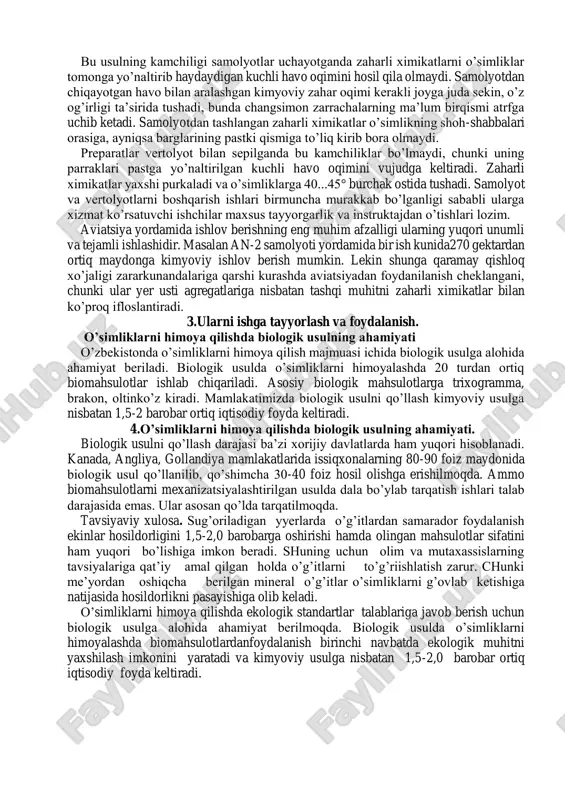 shx-12g’15 va tirkalma ovm- 900g’1200 rusumli purkagichlar,oshx-12-1a rusumli gerbitsid purkash moslamalari, oshu-50a changlatgichi, ag-ud-2 azrozol generatori, fumigatorlardan g’o’za, bog’, uzumzor, butazor, sabzavot va texnik ekinlarga kimyoviy ishlov berishda foydalaniladi. o’simliklarning zararkunandalariga qarshi kurashishda asosan paxtachilikda qo’llaniladigan ovx-600 purkagilaridan foydalaniladi. kimyoviy ishlov berish mashinalarini ishga tayyorlash ularning bajaradigan ishiga qarab to’liq jihozlanganligi (komplektligi) hamda sozligini tekshirishdan boshlanadi. barcha mexanizmlarning ishlashi tekshirib ko’rilgandan keyin agregat ishlash uchun dalaga chiqariladi. zaharli ximikatlarni erta tongda va kechqurun, shamolning tezligi 3 mg’sek dan oshmagan vaqtda sepish lozim. o’simliklarning ekish usullariga, ularning o’sish balandlgiga qarab mashinalarning mexanizmlari to’g’ri rostlanganda o’simliklarga sifatli ishlov beriladi, uning mexanizm va detallari puxta va uzoq muddat buzilmasdan ishlaydi. mashinalar bilan dorilab bo’lmaydigan joylarni (tog’li mintaqalar, qalinlashib ketgan g’o’zalar va baland bo’yli makkajo’xori va boshqalar) samolyot hamda vertolyotlar yordamida kimyoviy ishlash mumkin. aviatsiya ish unumining yuqoriligi, qamrash kengligining kattaligi, harakatchanligi juda katta maydonlarni ham qisqa muddatlarda ishlashga imkon beradi. uning yana bir …