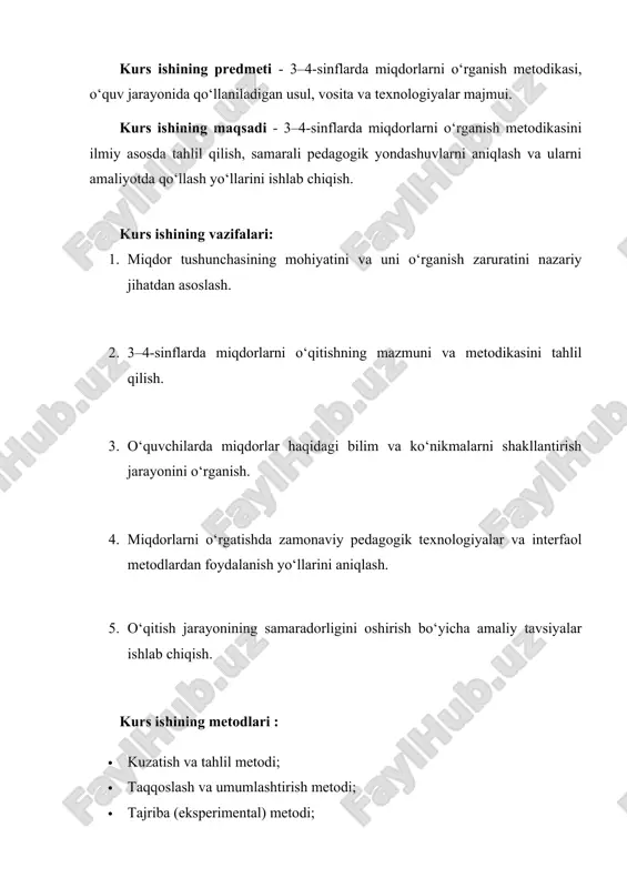 oir dars ishlanmalari, amaliy mashg‘ulotlar va test tizimlarini ishlab chiqishda qo‘llaniladi. kurs ishining nazariy ahamiyati : kurs ishida miqdor tushunchasining nazariy asoslari, pedagogik va psixologik tamoyillari tahlil qilinib, boshlang‘ich sinflarda uni o‘qitishning metodik modeli ishlab chiqilgan. tadqiqot natijalari boshlang‘ich ta’lim nazariyasi va metodikasini boyitishga xizmat qiladi. i bob: boshlang‘ich sinf matematika ta’limida miqdorlarni o‘rganishning nazariy asoslari 1.1. miqdor tushunchasining mazmuni va o‘qitishdagi ahamiyati. boshlang‘ich ta’limda matematika fani o‘quvchilarda atrof-muhitdagi miqdoriy munosabatlarni anglash, ularni o‘lchash va taqqoslash ko‘nikmalarini shakllantirishga xizmat qiladi. “miqdor” tushunchasi matematikaning eng asosiy kategoriyalaridan biri bo‘lib, u narsalar va hodisalarning o‘lchanadigan, taqqoslanadigan xususiyatlarini ifodalaydi. miqdor orqali inson dunyoqarashi, amaliy faoliyatidagi aniqlik, tartib va mantiqiy fikrlash qobiliyatini rivojlantiradi. miqdorlar moddiy olamdagi obyektlarning ajralmas belgisidir. ular uzunlik, massa, vaqt, hajm, maydon, tezlik, narx, harorat kabi turli shakllarda namoyon bo‘ladi. shuning uchun o‘quvchilar miqdorlarni o‘rganish orqali kundalik hayotda uchraydigan ko‘plab holatlarni mantiqan tushunib, o‘lchov birliklari yordamida ularni ifodalashni o‘rganadilar. miqdor tushunchasining …