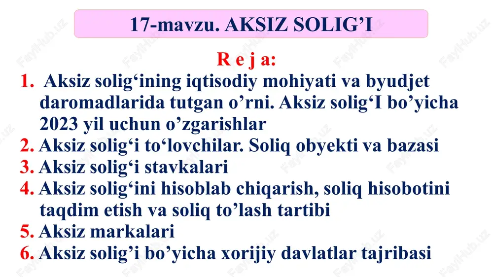 madlarini shakllantirishda salmoqli o‘rin egallaydi, jumladan, davlat byudjetining soliqli daromadlari tarkibida uning salmog‘i 2004-yilda 28.7 foizni, 2006 yilda 18,8 foizni, 2008 yilda 16,5 foizni, 2010 yilda 16,7 foizni, 2012 yilda 15,1 foizni, 2014 yilda 14,9 foizni, 2016 yilda 16 foizni, 2018 yilda 13,4 foizni, 2019 yilda 9,2 foizni, 2020 yilda 8,8 foizni tashkil etmoqda. aksiz solig‘ining iqtisodiy mohiyati va byudjet daromadlarida tutgan o’rni aksiz solig‘ini davlat byudjeti daromadlari tarkibidagi ulushining pasayish tendensiyaga ega ekanligi shu bilan izohlanadiki, o‘zbekiston respublikasi vazirlar mahkamasining 2002-yil 13 noyabrdagi 390-son «bozorni iste’mol tovarlari bilan to‘ldirishni rag‘batlantirish hamda ishlab chiqaruvchilar va savdo tashkilotlarini o‘zaro munosabatlarini takomillashtirish chora-tadbirlari to‘g‘risida»gi qaroriga asosan «o‘zdeuavto» yoaji (hozirgi «jeneral motors o‘zbekiston» yoaji) ishlab chiqarayotgan avtomobillari (lasetti, neksiya, damas, matiz), billurdan qilingan mahsulotlar, mebel, video va audioapparatura hamda kumushdan yasalgan pichoq va sanchqilarga hisoblangan aksiz soliqlari ishlab chiqarishni rivojlantirish, iste’mol tovarlarining assortimentini ko‘paytirish va raqobatbardosh tovarlar ishlab chiqarish uchun korxonalarning o‘z ixtiyorlarida …