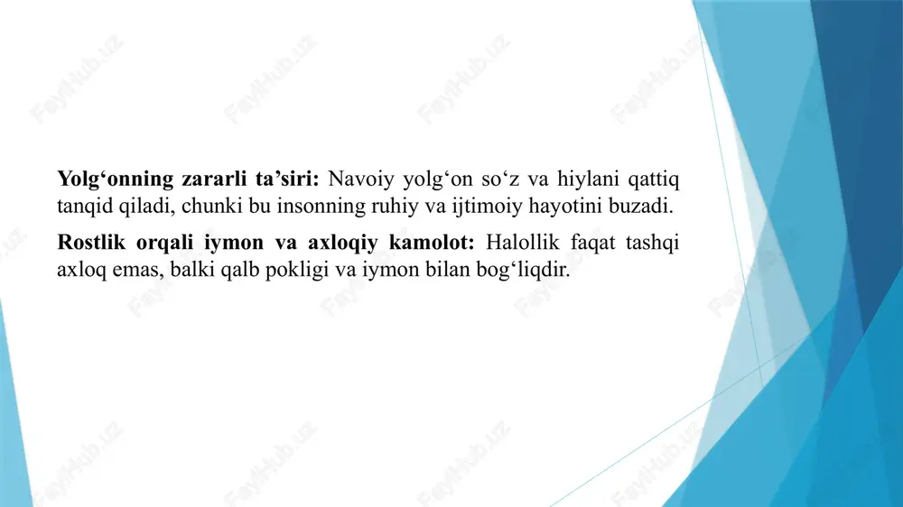 k ijtimoiy hamkorlik va do‘stlikning mustahkam asosidir. shaxsiy fazilat sifatida rostlik insonni ruhiy kamolotga yetaklaydi, qalbini poklaydi, iymonni mustahkamlaydi. hayotiy misollar hokimiyatdagi misol: yolg‘on va hiyla bilan boshqarilgan shahar tarqaladi, odamlar hokimga ishonmaydi. shaxsiy hayot misoli: rostgo‘y inson doim do‘stlar va hamkorlar orasida hurmat qozonadi, murakkab vaziyatlarda ham boshqalarga zarar yetkazmaydi. e’tiboringiz uchun raxmat image1.jpeg image2.jpeg image3.jpeg image4.jpeg /docprops/thumbnail.jpeg