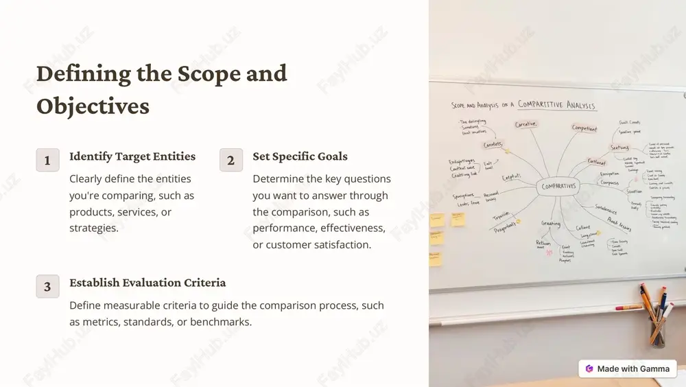 ons and next steps 1 prioritize actions determine the most impactful recommendations to focus on first. 2 develop action plans create detailed plans with timelines, resources, and responsibilities for each recommendation. 3 implement and monitor execute the plans, track progress, and make adjustments as needed, ensuring ongoing monitoring and evaluation. 4 continuous improvement continuously refine and iterate on the comparative analysis process for ongoing learning and informed decision-making. https://gamma.app/?utm_source=made-with-gamma