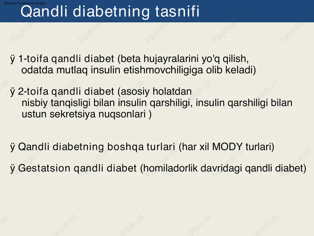 ketonuriya. semptomlar machine translated by google ÿ qon shakarining ko'payishining klinik belgilari (tashnalik, poliuriya, zaiflik, letargiya, vazn yo'qotish ). ÿ och qoringa 7 mmol/l dan yuqori yoki ochlikdan tashqari 11 mmol/l dan ortiq qondagi glyukoza kontsentratsiyasini aniqlash. shoshilinch kasalxonaga yotqizish uchun ko'rsatmalar machine translated by google machine translated by google • insulin terapiyasining dozalari va rejimi sog'lom odamda insulin sekretsiyasini eng aniq simulyatsiya qiladigan tarzda tanlanadi. • oziq-ovqat iste'moliga javoban insulinning chiqarilishini simulyatsiya qilish uchun har bir asosiy ovqatdan oldin yuboriladigan ultra qisqa ta'sirli insulinlar qo'llaniladi. • bazal sekretsiyani simulyatsiya qilish uchun kuniga 1-2 marta qo'llaniladigan uzoq muddatli insulinlar qo'llaniladi. • 1-toifa diabet uchun insulinni almashtirish terapiyasi buyuriladi • ukol maxsus shpritslar yordamida amalga oshiriladi tushlik insulin terapiyasining tamoyillari machine translated by google machine translated by google insulinning tez so'rilishi. • dumba (tashqi- yuqori kvadrat) – insulinning sekinroq so'rilishi. • old son – tananing quyidagi hududlari tez-tez in'ektsiya qilish uchun …