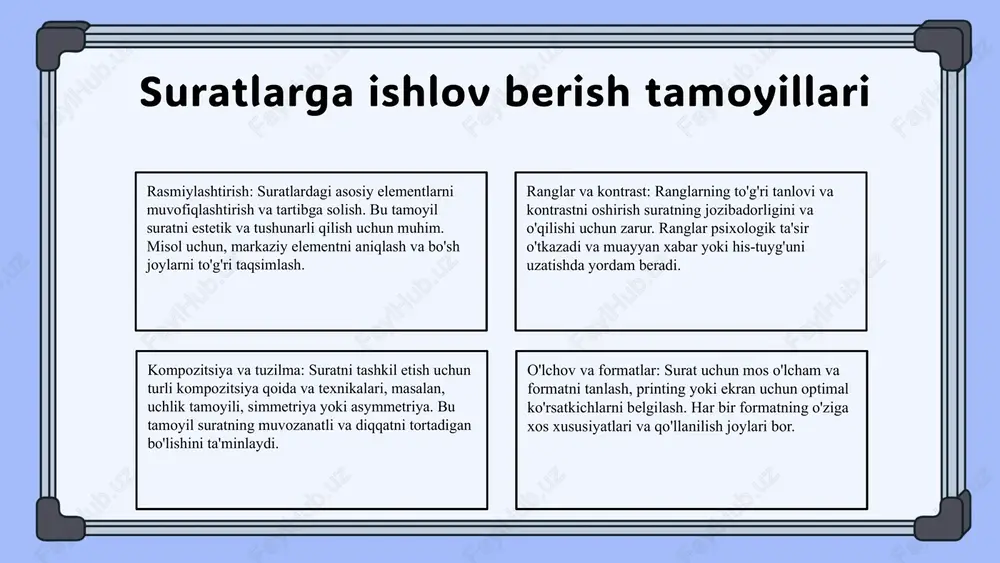 ko'rib chiqamiz, natijalarni taqqoslaymiz. xulosa yakuniy nazoratda asosiy tamoyillar va texnikalarni eslash, muhim xatoliklarni aniqlash va tuzatish, har bir surat uchun mos usullarni tanlash muhimdir. amaliy misollar yordamida rivojlanish mumkin. asosiy tamoyillar va texnikalarni bilish, sifatni oshirish uchun aniq usullarni qo‘llash, bu kasb egalari va o‘qituvchilar uchun muhimdir. doimiy rivojlanish uchun tavsiyalar. amaliy misollar va tavsiyalar bilan, bu sohada muvaffaqiyatga erishish mumkin. rivojlanish uchun yangi texnikalarni o‘rganish va amaliyotda qo‘llash muhimdir. foydalanilgan adabiyotlar 1. o‘zbekiston respublikasi san'at va madaniyat instituti. suratlarga ishlov berish texnikalari va tamoyillari. toshkent, 2020. 2. akmalov, s. suratlarga ishlov berish bo'yicha amaliy qo‘llanma. toshkent: o‘zbekiston matbuoti, 2019. 3. yusufov, j. raqamli tasvirlarni tahrirlash va ishlov berish metodlari. toshkent: texnikalar nashriyoti, 2021. 4. islomov, a. suratlarga ishlov berishda muhim xatoliklar va ularni bartaraf etish usullari. o‘zbekiston san'at jurnali, 2022, №3. 5. mamatov, n. foto ishlov berish texnologiyalari va zamonaviy usullar. toshkent: ilmiy nashriyot, 2018. e'tiboringiz uchun rahmat! …