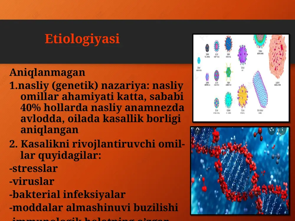 rda giper yoki depigmentli yuzalar hosil bo’ladi psoriaz klassifikatsiyasi 3. psoriaz uchrashi bo’yicha yozgi ( retsediv – yozda uchraydi) qishki (retsediv – qishda uchraydi) aralash (differensiyalashmagan) !!! psoriazning qishki turi ko’proq uchraydi pustullyoz psoriaz psoriazning bir necha kilinik formalari farqlanadi: vulgar (oddiy) psoriaz ekssudativ psoriaz artropatik psoriaz (psoriatik artrit) psoriatik eritrodermiya psoriazning atipik formalari artropatik psoriaz; psoriatik eritrodermiya; pustulyoz psoriaz: - zumbuschning umumiy pustullyoz turi, - barberning palmar-plantar pustullyoz tipi; ekssudativ psoriaz intertriginozli psoriaz vulgar (oddiy) psoriaz ekssudativ psoriaz intertriginozli psoriaz psoriatik eritrodermiya pustullyoz psoriaz (barber turi) pustullyoz psoriaz ( zumbusch turi artropatik psoriaz pasi indeksi pasi (psoriasis area and severity index) psoriaz kasalligining tarqalishi va og’irlik indeksi bo’lib, psoriaz kasalligining og'irligini aniqlashning asosiy vositasidir. pasi indeksi 0 dan 72 gacha bo'lgan butun son bilan ifodalanadi (eng og'ir daraja) va eritema, peeling va infiltratsiya kabi klinik belgilarning intensivligini hisobga olgan holda shikastlanish maydonini aks ettiradi. pasi indeksini hisoblashning bir nechta …