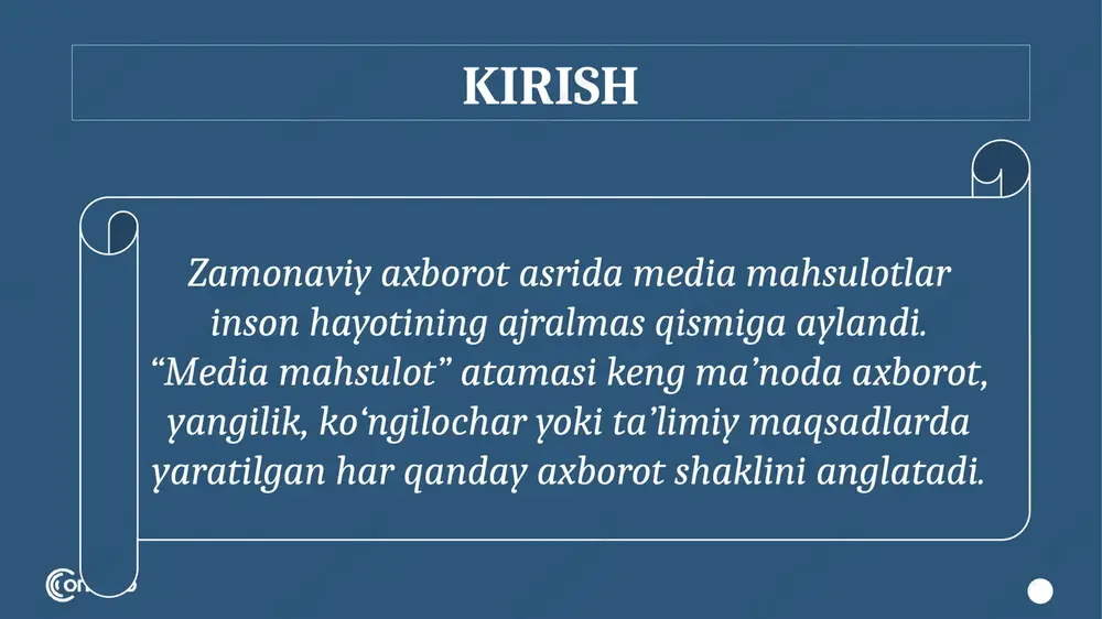 tish avtomatlashtirilgan tizimlar orqali amalga oshirilmoqda. 19 har bir inson media mahsulotlarni tanqidiy baholay olish ko‘nikmasiga ega bo‘lishi zarur. media savodxonlik — bu axborotni tahlil qilish, ishonchliligini aniqlash va undan ongli foydalanish madaniyatidir. 20 xulosa o‘zbekistonda so‘nggi yillarda milliy kontent yaratish, onlayn oav rivoji va yosh jurnalistlarni tayyorlash sohalarida sezilarli o‘sish kuzatilmoqda. bu jarayon “yangi o‘zbekiston” g‘oyalarini ommaga yetkazishda muhim o‘rin tutmoqda. media mahsulotlar — bu zamonaviy jamiyatning axborot poydevoridir. ular orqali: bilimlar almashiladi, qadriyatlar targ‘ib qilinadi,ijtimoiy ong shakllanadi. 21 foydalanilgan adabiyotlar ro‘yxati: abdullaev, b. (2020). ommaviy axborot vositalari va zamonaviy kommunikatsiya texnologiyalari. — toshkent: o‘zbekiston milliy universiteti nashriyoti. shukurov, a. (2019). media madaniyat va axborot xavfsizligi asoslari. — toshkent: “iqtisod-moliya” nashriyoti. qodirova, n. (2021). media savodxonlik va yoshlar ongini shakllantirish. — toshkent: “fan va texnologiya” nashriyoti. karimova, d. (2022). axborot texnologiyalari va media ta’limi. — toshkent: “innovatsiya-ziyo” nashriyoti. hasanov, m. (2018). kommunikatsiya nazariyasi va oav amaliyoti. — toshkent: oliy …