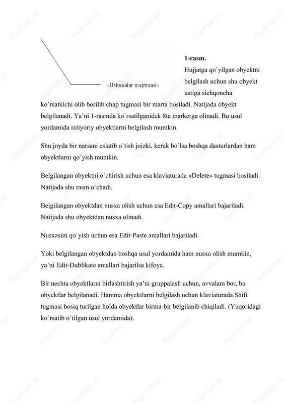 ani quyidagicha hosil qilish mumkin: obyekt ustiga sichqoncha ko`rsatkichi olib borilib, o`ng tugmasi bosiladi, chiqqan buyruqlar ichidan-properties buyrug’i tanlanadi. (7-rasm)) 7-rasm. - objekt properties oynasida mavjud bo`lgan tugma, bu tugma yordamida obyektlar ichki qismiga fon berish mumkin. bu tugma bosilgandan so`ng, qo`shimcha tugmalar hosil bo`ladi: (uniform fill)-obyektlarga bir xil rang berish imkonini beradi. (fountain fill)-obyektlarga ikki turdagi ranglar, va ranglar shtrixovkalarini beradi. (pattern fill)-har xil ko`rinishdagi tayyor fonlarni tanlash imkonini beradi. (texture fill)- har xil ko`rinishdagi tayyor fonlarni tanlish imkonini beradi. (postckript fill)-tayyor fonlarni tanlash imkonini beradi. (no fill)-ichki rangni yo`q qiladi. o`quvchilar corel draw dasturida kontur parametrlarini berish va ularni boshqarishning har xil usullarini bilishlari muhim ahamiyatga ega. shuning uchun kontur tushunchasiga bog’liq ayrim tushunchalarni yoritb o`tamiz: qalinlik-kontur, ya’ni chegara (chegara chizig’i) qalinligi tushunilib, uning o`zgartirishning usullarini yuqori punktda gapirib o`tilgan edi. ko`rinish-kontur ko`rinishi, ya’ni chiziq tipi tushuniladi. rang-chegara rangi tushuniladi. nakonechniklar-chiziq (chegara) oxirgi nuqtalar ko`rinishi tushuniladi. masalan: 7-rasm. …