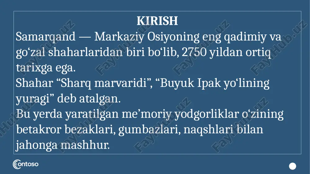 amarqand — sharqning durdonasi”. — toshkent: o‘zbekiston, 2018. abdullaev a. “samarqand obidalari: tarix va zamon”. — samarqand: registon nashriyoti, 2020. sodiqov a., xolmatov m. “o‘zbekiston me’moriy merosi”. — toshkent: o‘zbekiston milliy ensiklopediyasi, 2019. unesco. “cultural heritage of samarkand – crossroad of cultures”. — paris: unesco publishing, 2014. pugachenkova g.a. “arkhitektura sredney azii xv–xvi vekov”. — moskva: nauka, 1982. rashidova g. “samarqand shahrining tarixiy yodgorliklari va ularning saqlanishi”. — toshkent: innovatsiya, 2021. image3.png image2.png image10.jpeg image11.jpeg image1.png image12.jpeg image13.jpeg image14.jpeg image15.jpeg image16.jpeg image17.jpeg image18.jpeg image19.jpeg