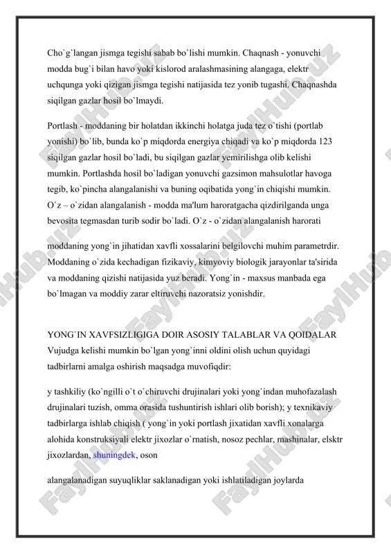 , yonqin kuzatish minoralari, suv havzalari va binolarga kelish yo`llari qurish, yong`inga qarshi avtomatlashtirilgan uchirish vositalarini hamda signalizasiyasini o`rnatish). yonish sharti, yonishning turlari. yonuvchi modda bilan havodagi kislorodning o`zaro ta'siri natijasida juda tez kechuvchi va ko`p miqdorda issiqlik ajralib chiquvchi kimyoviy reaksiyaga yonish deyiladi. ko`p hollarda yonish yonuvchi modda zarrachalarining nurlanishi bilan birga kechadi. yong`in hosil bo`lishi va davom yetishi uchun yonuvchi modda (qattiq, suyuq yoki gazsimon), oksidlovchi modda (oddiy sharoitda oksidlovchi modda 124 vazifasini havodagi kislorod o`tashi mumkin) va yondiruvchi manba (uchqun, ochiq alanga va cho`qlangan narsa)mavjud bo`lishi kerak. shuni aytish kerakki, havodagi kislorod miqdori 15 %dan yuqori bo`lgandagina oksidlovchi vazifasini bajara oladi, undan past konsentrasiyada esa yonish sodir bo`lmaydi. bundan tashqari, oksidlovchi modda vazifasini tegishli sharoitlarda xlor, brom, kaliy va boshqa moddalar ham o`tashi mumkin. xavfliligi bo`yicha barcha modda va ashyolarni quyidagi turlarga bo`lish mumkin: yonmaydigan, yonish yoki yonish va portlash xavfi mavjud hamda portlash xavfi mavjud moddalar. …