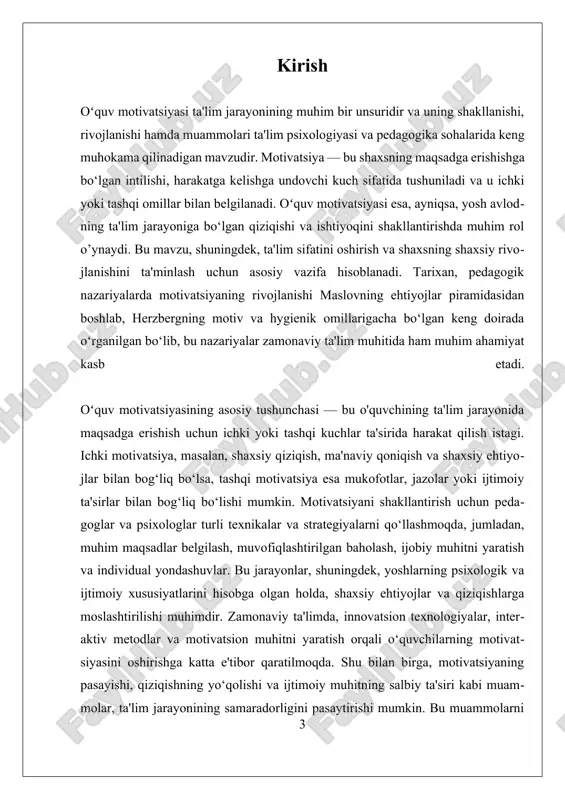 — bu o‘quvchining ta'lim faoliyatiga bo‘lgan qiziqishi, ishtiyoqi va maqsadga erishishga intilishi bilan bog‘liq psixologik jarayodir. ushbu jarayon, shuningdek, insonning ichki va tashqi kuchlar ta’sirida shakllanadi va uning rivojlanishi o‘quvchilarning muvaffaqiyatli ta’lim olishini ta'minlashda muhim ahamiyat kasb etadi. motivatsiyaning nazariy asoslarini o‘rganishda klassik psixologik nazariyalar muhim o‘rin tutadi. maslovning ehtiyojlar piramidasiga ko‘ra, inson ehtiyojlari darajalariga bo‘linadi va har bir darajadagi ehtiyojlar qondirilgandan so‘ng, yuqori darajadagi maqsadlar uchun qiziqish paydo bo‘ladi. bu nazariya, o‘quvchilarning motivatsiyasini tushunishda, ularning ehtiyojlari va qoniqish darajalarini hisobga olish muhimligini ko‘rsatadi. herzbergning motiv va hygienik omillar nazariyasiga ko‘ra, motivatsiya faqatgina ichki faktorlarga, masalan, shaxsiy qoniqish va muvaffaqiyatga asoslanadi, tashqi omillar esa, masalan, mukofotlar va jazolar, muhim bo‘lsa-da, doimiy motivatsiyani ta'minlamaydi. ushbu nazariyalar, ta'lim jarayonida o‘quvchilarning ichki qiziqishini kuchaytirish va ularni faol ishtirok etishga rag‘batlantirish uchun asos bo‘lib xizmat qiladi. zamonaviy motivatsiya tushunchalariga kelsak, ular inson psixologiyasi va pedagogika sohalarida rivojlanib, individual yondashuv va shaxsiy ehtiyojlar muhimligini ta'kidlaydi. …