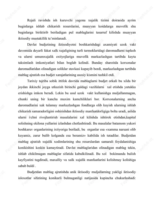 illiardlab dotatsiyalar berib , baxo belgilash soxasidagi kamchiliklarni tuzatishdek uziga xos bulmagan vazifani zimmasiga oladi. odatda, bunday moliyaviy siyosat ekstensiv iktisodiy usish vaboshkarishning ma’muriy buyrukbozlik usullari xukm suradigan davr uchun xarakterlidir davlat budjeti yangi sharoitda. bozor iktisodiyotiga va boshkarishning iktisodiy usullariga utish moliyaviy siyosatga bulgan talabni ancha uzgartiradi, davlat budjetining roli masalasini yangicha kuyadi. boshkarishning iktisodiy usullari sharoitida rejalashtirish tizimi xalk xujaligini va uning buginlarini iktisodiy rivojlantirish rejalarining tarkibiy kismi bulgan yillik va bir necha yillik rejalarini ishlab chikish va tasdiklashni nazarda tutadi. moliyaviy rejalar xujalikning xamma pogonalaridagi moliyaviy faoliyatining yiriklashgan kursatkichlarini uz ichiga olishi kerak. kontrol rakamlarni limitlarni va davlvt buyurtmalarini ishlab chikish moliyaviy mablaglarning manbaalarini uzokka muljallangan iktisodiy me’yorlarini, baxolarini belgilash bilan boglab olib borish kerak. moliyaviy rejalashtirishning ueagi davlatning yigma moliyaviy balansi bulib, u xam mamlakat iktisodiy va ijtimoiy tarakkiyotining rejasi bilan bir vaktda uning tarkibiy kismi sifatida ishlab chikiladi. balans ijtimoiy takror ishlab chikarishning moddiy, ashyoviy …