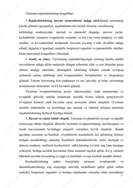 timallashtirish, ijobiy ekologik va ijtimoiy-madaniy omillarni kuchaytirish, salbiylarining ta’sirini eng kam darajaga yetkazish, boshqa turistlik korxonalar bilan samarali raqobat qilish. ko‘p variantli baholash asosida siyosatning so‘nggi yo‘nalishlari va reja tuzilishi aniqlab olinadi. rejalashtirishning ushbu bosqichida turizmni rivojlantirish va takomillashtrishning eng maqsadga muvofiq modellarini qabul qilish uchun mahalliy hoqimiyat organlari va boshqa manfaatdor tomonlar bilan mustahkam aloqa bog‘lash zarur. 6. boshqa tavsiyalar. ko‘p variantli modellar tuziladi va ulardan eng maqsadga muvofiqlari tanlab olinadi. 7. rejani bajarish va nazorat qilish. rejaning so‘nggi varianti haqqoniy va bajarish mumkin bo‘lishi uchun zarur bo‘lgan rejani amalga oshirish modellari ishlab chiqiladi. rejani amalga oshirish bo‘yicha ishlar davomida uni bajarish muddatlari va bo‘limlari bo‘yicha nazorat qilinadi. bu yo‘l qo‘yilgan chekinishlarni aniqlash va ularni bartaraf qilish bo‘yicha tezkor choralar qabul qilishga imkon beradi. rejalar va dasturlarni ishlab chiqishda birinchi navbatda ratsional rejalashtirish tamoyillarini qo‘llash zarur. ular biror-bir ekologik yoki ijtimoiy muammolarsiz katta iqtisodiy foyda olishga imkon beradi. bunda …