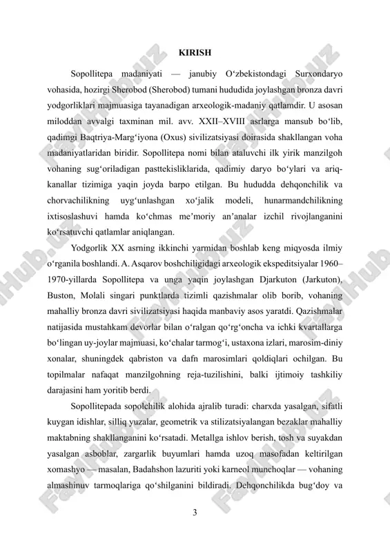 zluksizligini ko‘rsatadi. me’moriy muhit paxsadan va xom g‘ishtdan ko‘tarilgan devorlar, ichki hovlilar, tor ko‘chalar va o‘zaro bog‘lovchi yo‘laklardan iborat bo‘lib, makon tashkilotida funksional zonalash tamoyili aniq seziladi. bir necha xonali uylar markazida o‘choq joylashib, devor bo‘ylab supachalar, saqlash g‘amlari va xo‘jalik burchaklari ajratilgan; bu holat oila xo‘jaligi va kichik ishlab chiqarish amaliyotlarining bir makonda uyg‘unlashganidan darak beradi. ayrim sektorlarida pech qoldiqlari, g‘isht modullari va ustaxona alomatlari uchrashi ixtisoslashgan mehnatning mahalla darajasida jamlanganini, ta’mirlash qatlamlari esa turar-joylarning avloddan-avlodga meros sifatida davomiyligini anglatadi. himoya devorlari va kirish-chiqish nuqtalarining mantiqiy tarmog‘i resurslar ustidan nazorat qiluvchi boshqaruv qatlamining mavjud bo‘lganini taxmin qilishga asos beradi. xo‘jalikning asosi sug‘orma dehqonchilik va chorvachilik sintezidir. g‘alla (bug‘doy, arpa) va dukkaklilarni yetishtirish, bog‘dorchilik unsurlari bilan qo‘shilib, ovqatlanish bazasini kengaytirgan; maydonlarga ishlov berishda bronza tig‘li o‘roq va pichoqlar, tosh silliqlagichlar, yog‘och va suyak asboblar kompleksidan foydalanilgan. chorvachilikda qoramol, qo‘y-echki va ot yetakchi o‘rinni egallagan, suyak buyumlar va to‘qimachilik og‘irlikchalari uy …