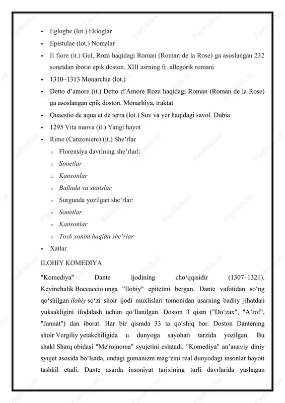 g asriy orzu-armonlarini ifodalagan. shuning uchun ham uni oʻrta asrning soʻnggi shoiri va ayni paytda, yangi davrning birinchi shoiri, deyishadi. dante ijodi italyan adabiyoti va butun yevropa madaniyati taraqqiyotiga katta taʼsir koʻrsatgan. shoir ijodi adabiyotshunos olimlar tomonidan keng tadqiq etilgan. dante asarlari jahon xalqlarining koʻpgina tillariga tarjima qilingan. "ilohiy komediya" dostonining "doʻzax" qismi oʻzbek tilida abdulla oripov tarjimasida nashr etilgan (1978). o’rmon (foniy dunyo) va uning atributlari aksar diniy ta’limotlarning nuqtai nazari bo‘yicha inson umri foniy va boqiy deb atalmish ikki dunyo – ikki bosqichdan iborat. shunga ko‘ra barchamiz qachondir albatta ikkinchi dunyoga – dorulbaqoga rihlat qilamiz. ana shundagina qanday yashaganimiz, aslida kim bo‘lganimizni o‘zimiz to‘la anglab yetamiz. “komediya”ning dahshatli changalzor changaliga tushib qolgan bosh qahramoni dante ham bundan mustasno emas edi: nel mezzo del cammin di nostra vita…1 tarjimasi: umrimiz sarhadin o‘rta sahnida…2 shoir yorug‘ olamni tark etish arafasida. lekin bu vaqtinchalik holdir. chunki dantega ruhi tanasini tark etmay …