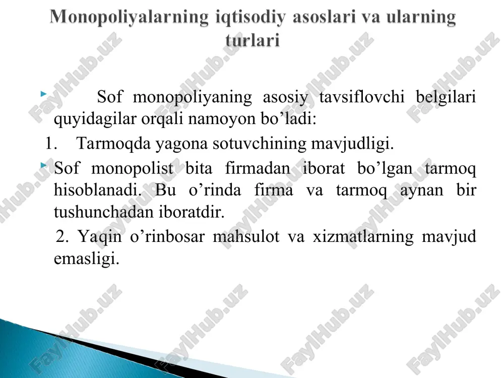 l, avgust) kuchga kiritildi hamda uning asosida raqobatchilikni rivojlantirishga qaratilgan bir turkum me’yoriy hujjatlar ishlab chiqildi. mazkur qonunga ko’ra, bozorda ataylab taqchillik hosil qilish, narxlarni monopollashtirish, raqobatchilarning bozorga kirib borishiga to’sqinlik qilish, raqobatning g’irrom usullarini qo’llash man etiladi. qonunni buzuvchilar raqibiga yetkazgan zararni qoplashlari, jarima to’lashlari, g’irromlik bilan olgan foydadan mahrum etilishlari shart. o’zbekiston respublikasi oliy majlisi tomonidan 1996 yil 27 dekabrda «tovar bozorlarida monopolistik faoliyatni cheklash va raqobat to’g’risida»gi yangi qonun qabul qilindi. ushbu qonun monopolistik faoliyat va g’irrom raqobatning oldini olish, uni cheklash, to’xtatishning tashkiliy va huquqiy asoslari belgilab berib, respublikaning tovar bozorlarida raqobat munosabatlarini shakllantirish va samarali amal qilishini ta’minlashga qaratilgan. quyidagi hatti-harakatlar monopoliyaga qarshi qonunchilikka zid hisoblanadi: xo’jalik yurituvchi sub’ekt tomonidan bozordagi ustunlik holatining suiste’mol qilinishi (5-modda); xo’jalik sub’ektlarining raqobatni cheklashga qaratilgan bitimlari (o’zaro kelishilgan xatti-harakatlari) (6-modda); davlat boshqaruvi organlari va mahalliy hokimiyat organlarining raqobatni cheklashga yo’naltirilgan xatti-harakatlari (7-modda); insofsiz raqobat (8-modda). respublikada monopoliyalar royxatiga kirgan …
