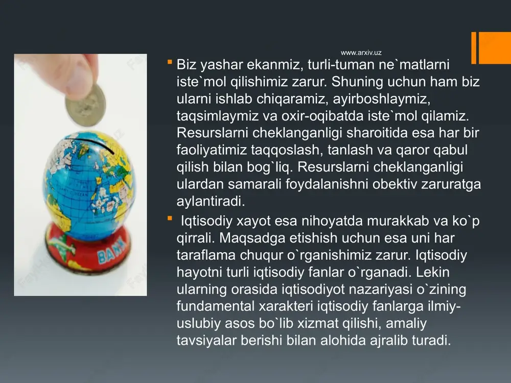 mlasiga miloddan xx asr ilgari qadimgi bobilda podsho xammurapi qonunlari, qadimgi hindistonda (miloddan vi asr ilgari)gi manu qonunlari, qadimgi xitoy mutafakkirlari, ayniqsa konfutsiy (miloddan avvalgi 551—479 yillar) asarlarini kiritish mumkin. ulardagi fikrlarga diqqat qilsak, mehnat taqsimotiga hamda yaratilgan mahsulotning taqsimlanishiga asosiy e`tibor qaratilgan. bu bejiz emas. chunki shu davrda aynan mehnat taqsimoti hamda mehnat natijasida yaratilgan mahsulot taqsimoti jamiyat taraqqiyotida, aholining turmush darajasida asosiy rol o`ynagan. keyinchalik, iqtisodiy fikrlar qadimgi yunoniston va rimda yanada rivojlantiriladi, ma`lum tizimga solinadi. www.arxiv.uz qadimgi yunon mutafakkirlari ksenifont (miloddan avvalgi 430—355 yy.), platon (aflotun) miloddan avvalgi 427—347 yy.), aristotel (arastu) (miloddan avvalgi 384—322 yillar)ni haqli ravishda dastlabki iqtisodchi olimlar deb aytish mumkin. iqtisodiyot — «ekonomika» atamasi ham dastlab ksenofont, aris-totel asarlarida ishlatilgan bo`lib, u qadimgi yunoncha «ekos» — uy, xo`jalik, «nomos» — qonun degan ma`noni anglatib, uy xo`jaligini yuritish qonuni, san`ati tarzida qo`llanilgan. o`sha paytda uy xo`jaligi natural xo`jalik bo`lib, iqtisodiy faoliyat yuritishning asosiy shakli …
