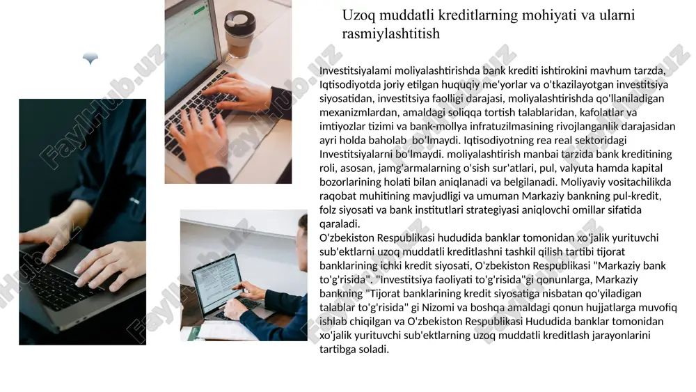 yish tomoniga o'zgartirilishi mumkin. tijorat bankları kreditlarining foiz stavkasini rasmiy qayta moliyalashtirish stavkasi bilan tartibga solinishi depozitlarga foiz to'lashning amaldagi tizimi tufayli banklarning zarar ko'rish xavfini kuchaytiradi. kredit bahosining optimal variantini variantini topish uchun tijorat banki bo'yicha marjani hisoblab chiqish zarur. jahon bank amaliyotida bank marjasi asosan quyidagicha hisoblanadi: qimmat qog'ozlarg investitsiyalar va qarzli kreditlardan olingan : majburiyatlar va depozitlar sof foiz marjasi= foizli daromad bo'yicha foizli harajatlar minus foizli daromad keltiruvchi aktivlar ko’paygan 100 bu yerda, bankning hisob kitoblar va kassa operatsiyalari xizmatlaridan oladigan va umuman folzsiz daromad, xarajatlari hisobga olinmagan. nazariy jihatdan kreditning bahosi quyidagicha aniqlanadi nazariy jihatdan kreditning bahosini quyidagicha aniqlash mumkin kb=kbb +ox +krd +kf bu yerda, k-kreditning bahosi; k-kreditning bozor bahosi; o-operatsiyani amalga oshirish bilan bog'liq harajatlar; k-kreditlar bo'yicha risk darajasi; k-bankning o'z kapitaliga foiz stavkasi. uzoq muddatli kreditlardan foydalanganlik uchun foizlar banklar tomonidan kreditlash muddatining davomiyligi, qarz oluvchilar tomonidan berilgan kreditning o'z vaqtida qaytarilishi …