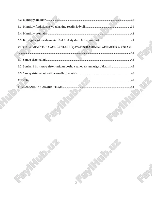 ar ustida bajariladigan amallar nazariy va amaliy misollar bilan yoritiladi. shunday qilib, ushbu mustaqil ish informatikaning nazariy poydevorini shakllantiruvchi asosiy mavzularni izchil tarzda tahlil qilish orqali talabada chuqur ilmiy tafakkur, mantiqiy yondashuv va texnologik tafovutlarni anglash ko‘nikmalarini rivojlantirishga xizmat qiladi. bu esa nafaqat ta’lim jarayonining sifatini oshiradi, balki zamonaviy raqamli muhitda faoliyat yurituvchi mutaxassis sifatida shakllanishiga ham mustahkam zamin yaratadi. i bob. axborot tushunchasi. 1.1. axborot miqdori axborot tushunchasi informatika fanining asosiy va tayanch kategoriyalaridan biri hisoblanadi. u insonning atrof-muhit haqidagi bilimlarini kengaytiruvchi, noaniqlikni kamaytiruvchi, aniqlik kirituvchi hamda yangi ma’lumotlarga ega bo‘lishiga xizmat qiluvchi xabar va belgilar majmuasidir. axborot insonlar o‘rtasidagi bevosita muloqotdagina emas, balki texnik vositalar, kompyuter tizimlari, sun’iy intellekt tizimlari hamda avtomatlashtirilgan boshqaruv tizimlarida ham markaziy rol o‘ynaydi. axborotning miqdori – bu uning mazmuniy mazmunidan qat’i nazar, uni kodlar orqali ifodalash uchun zarur bo‘lgan minimal belgilar soni orqali aniqlanadigan texnik o‘lchovdir. bu ko‘rsatkich, odatda, axborotni uzatish, saqlash yoki …