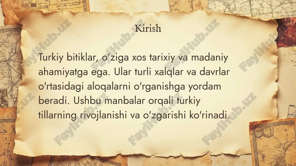 ashda yordam beradi. qadimgi inshootlar va moddiy madaniyat namunalarini o'rganish turli davrlarni ko'rsatadi. keng tarqalgan tahlillar turkiy bitiklarni turli jihatdan o'rganadi. ular lingvistik, tarixiy va madaniy jihatdan muhim nuqtalarni yoritadi. 01 03 02 04 etnik guruhlar va bitiklar turkiy bitiklar turli etnik guruhlar tomonidan yaratilgan va ularning madaniyati, urf-odatlari haqida muhim ma'lumotlar beradi. etnik guruhlar va ularning bitiklari o'rtasidagi aloqalarni tahlil qilish, tarixiy va madaniy rivojlanishni tushunishga yordam beradi. turkiy bitiklar orqali madaniyat turkiy bitiklar madaniyatimizning muhim qismini tashkil etadi. ular orqali tarixiy an'analar, urf-odatlar va xalq hikoyalari yoritilgan. bu manbalarni tahlil qilish madaniy merosimizni yanada chuqurroq tushunishga yordam beradi. turkiy bitiklar tarixiy ma'nosi turkiy bitiklar o'z vaqtida aholining tarixiy xotirasini saqlab qolish va madaniyatini oshirishda muhim rol o'ynagan. ular kelajak avlodlarga o'tkazish uchun qadimiy qiziqish va bilimlarni o'z ichiga oladi. tariqiy manbalar, masalan, orxon-yenisey bitiklari, turkiy xalqlarning turmush tarzini, e'tiqodlarini va urf-odatlarini yoritadi. bu bitiklar orqali turkiy madaniyat va …