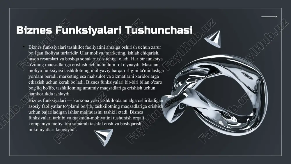 azorat qilish va investitsiyalarni rejalashtirishdan iborat. moliya bo‘limi buxgalteriya hisobini yuritish, soliq hisoboti tayyorlash, moliyaviy tahlillar o‘tkazish kabi jarayonlarni o‘z ichiga oladi. moliyaviy rejalashtirish moliyaviy rejalashtirish tashkilotning moliyaviy maqsadlarini belgilash va ularga erishish uchun zarur resurslarni aniqlash jarayonidir. bu jarayon moliyaviy prognozlar, xarajatlar va daromadlarni tahlil qilishni o'z ichiga oladi. budjetlashtirish budjetlashtirish moliyaviy rejalashtirish jarayonida muhim rol o'ynaydi. bu jarayon tashkilotning resurslarini samarali taqsimlash va moliyaviy cheklovlarga muvofiq faoliyatni boshqarishga yordam beradi. hisob-kitoblar hisob-kitoblar moliyaviy hisobotlar tayyorlash va moliyaviy ma'lumotlarni tahlil qilish jarayonidir. bu jarayon tashkilotning moliyaviy holatini baholash va qarorlar qabul qilishda muhim ahamiyatga ega. xulosa moliyaviy funktsiya tashkilotning moliyaviy resurslarini boshqarishdagi asosiy jarayonlarni o'z ichiga oladi. ushbu jarayonlar samarali boshqarilishi moliyaviy barqarorlik va muvaffaqiyatga erishishda muhimdir. kadrlar boshqaruvi funktsiyasi asosiy tamoyillar kadrlar (hr) boshqaruvi funksiyasi tashkilotning inson resurslarini boshqarish, o'qitish va rivojlantirish jarayonlarini o'z ichiga oladi. bu jarayonlar tashkilotning muvaffaqiyatli faoliyat yuritishi uchun muhim ahamiyatga ega. samarali inson …
