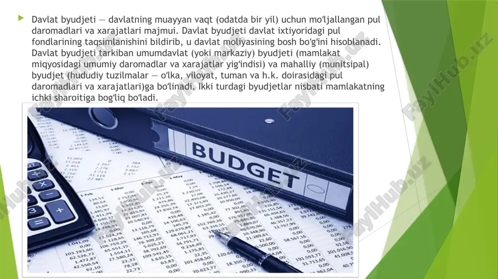 lgan yalpi ichki mahsulot va uning tarkibiga kiruvchi milliy daromadning qiymatini qayta taqsimlashda o'zining qayta taqsimlash funksiyasi bilan ishtirok etadi. bunday qayta taqsimlash jarayonlan natijasida yaratılgan yalmning qiymatidan to'lanadigan soliqlar va soliq xarakteridagi boshqa majburiy to'lovlaming to'lanishi asosida byudjet daromadlari shakllanadi. byudjet daromadlari davlat markazlashgan moliyaviy resurslarining bir qismi sifatida, davlatning funksiyalarini bajarish uchun sarflanadi. davlat budjetini funksiyalari taqsimlash nazorat qayta taqsimlash taqsimlash funksiyasını soliq, zayom, davlat mulkidan tushgan daromadlar, qogoz pullar emissiyasidan tushgan daromadlarni o'z ichiga oluvchi byudjet daromadları amalga oshiradi bunda byudjet jamg'arması xo'jalik sub'ektlan (yuridik va jismoniy shaxslar) daromadlari hisobiga shakllanadi. bu daromadlar sof milliy mahsulotning birlamchi taqsimoti (ishchi va xizmatchilarning ish haqi, yollanma ishchilaming daromadlari, tadbirkorlik foydasi, renta, foiz) natijasida yuzaga keladi. byudjetning qayta taqsimlash funksiyasi aniq maqsadli bydjet xarajatlariga tegishlidir. davlat umumiy xo'jalik sub'ekti sifatida faoliyat yuritib, takror ishlab chiqarish chiqarish jarayoni jarayoni barcha ishtirokchilanning iqtisodiy manfaatlarini hisobga oladi, shuning uchun xam byudjet xarajatlari hamma …