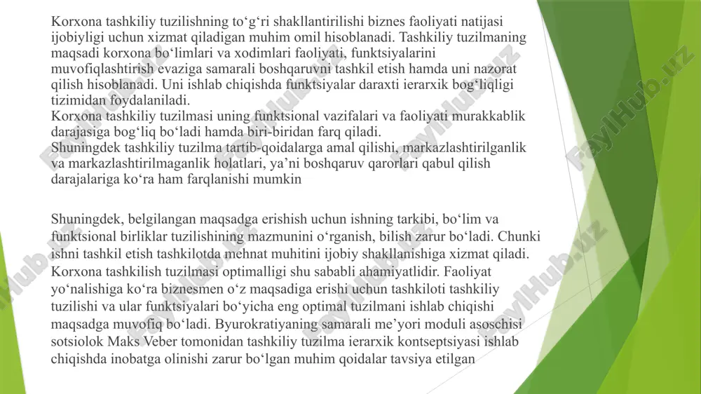 yidagi muhim qoidalar berilgan: mehnat vazifalarini aniq taqsimlash; boshqaruv ierarxiyasini to‘g‘ri belgilash; boshqaruvchilar vazifalarini bir xilda bajarilishi tartib va qoidalarini ishlab chiqish; shaxsning o‘z xizmat majburiyatini bajarish ruhiyati; mansabga loyiq, malakali kadrlarni yollash. tashkiliy tuzilmani ishlab chiqishning organik moduli mehnat taqsimotini aniq belgilashni rad etadi. mehnat taqsimotini ishning xususiyatidan kelib chiqib amalga oshirish ushbu modulning o‘ziga xos xususiyatini belgilab beradi. ushbu modul markazlashmagan tashkiliy tuzilma hisoblanib, ko‘pincha davlat, kompaniya va korporatsiyalarning murakkab dastur hamda loyihalarini bajarishda qo‘llaniladi. tashkiliy tuzilmalar modullarini qo‘llashda ularning xususiyatlarini taqqoslash va shu asosda maqbul modulni tanlash maqsadga muvofiq hisoblanadi boshqaruv tashkiliy tuzilmalar modullari xususiyatlari taqqoslama jadvali ierarxik modul organik modul ierarxiya aniq belgilanadi muaamodan kelib chiqib rahbarlar doim almashib turadi. majburiyat va huquq tizimi aniq belgilanadi me’r va qoidalar muhokama davrida shakllanadi har bir vazifa amallari belgilanadi muaamoni jarayon davomida hal etiladi ruhiy o‘zaro bog‘liqlik ta’minlanadi o‘zini ko‘rsatish imkoniyati mavjud mehnat funktsiyalari qat’iy belgilanadi ish ma’lum …